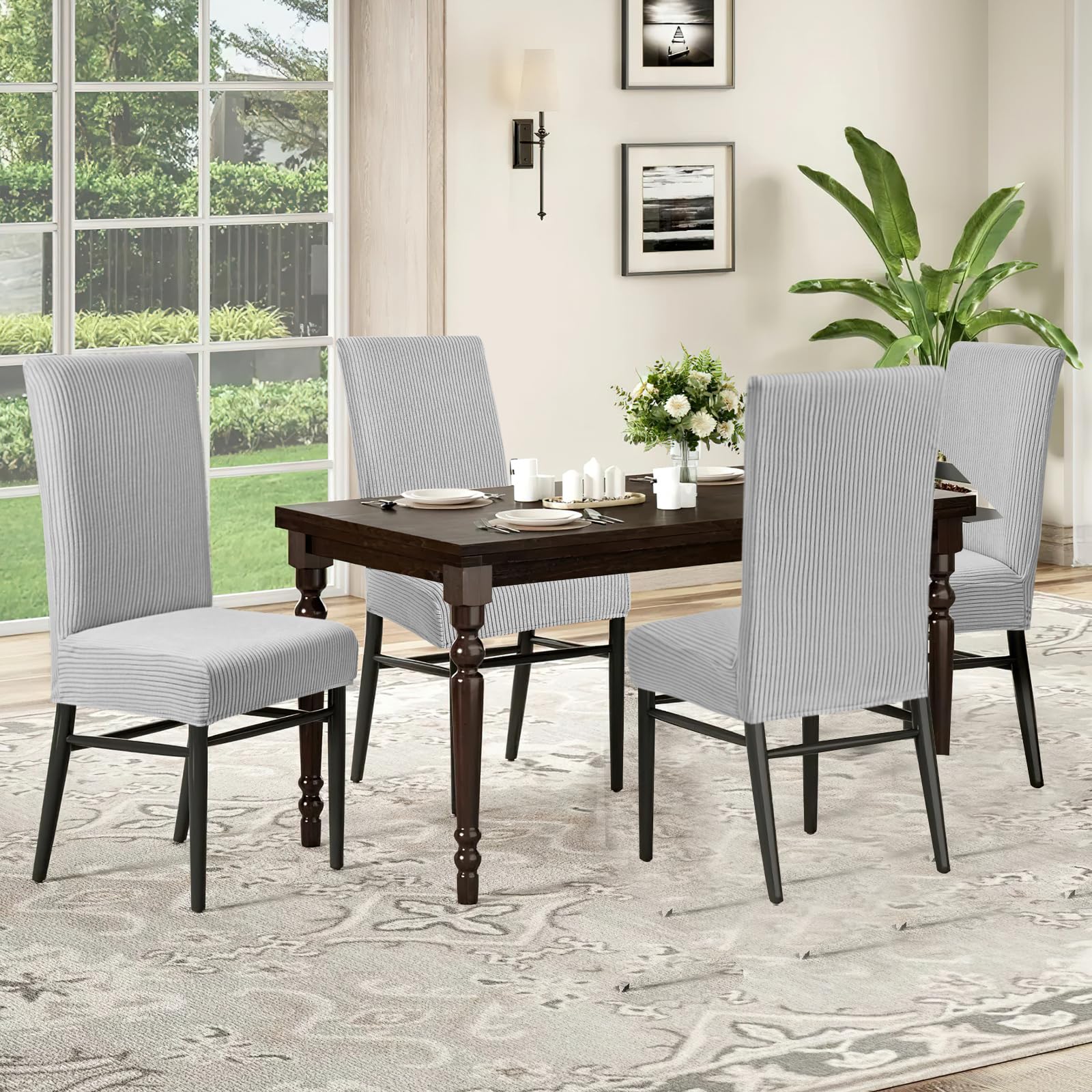 Alishomtll Dining Chair Covers Set of 4 Stretch Streaks Chair Covers for Dining Chairs Elastic Removable Chair Slipcover Reusable Washable Chair Protector for Kitchen Hotel Banquet (Light Grey - Image 2