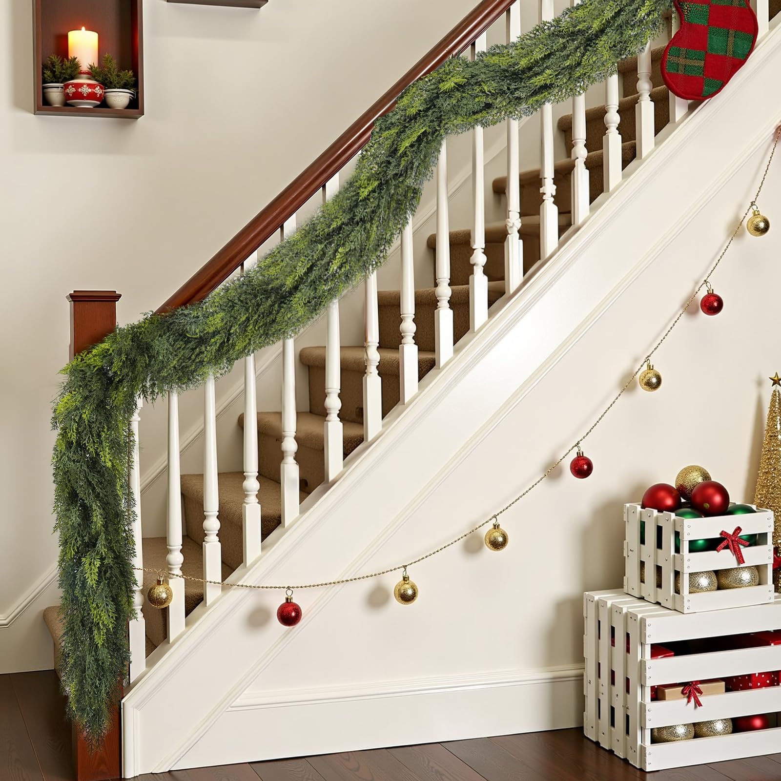 Guirlande de Noël artificielle de 1,8 m pour cheminée, escalier, porte d'entrée, décoration d'arbre de Noël