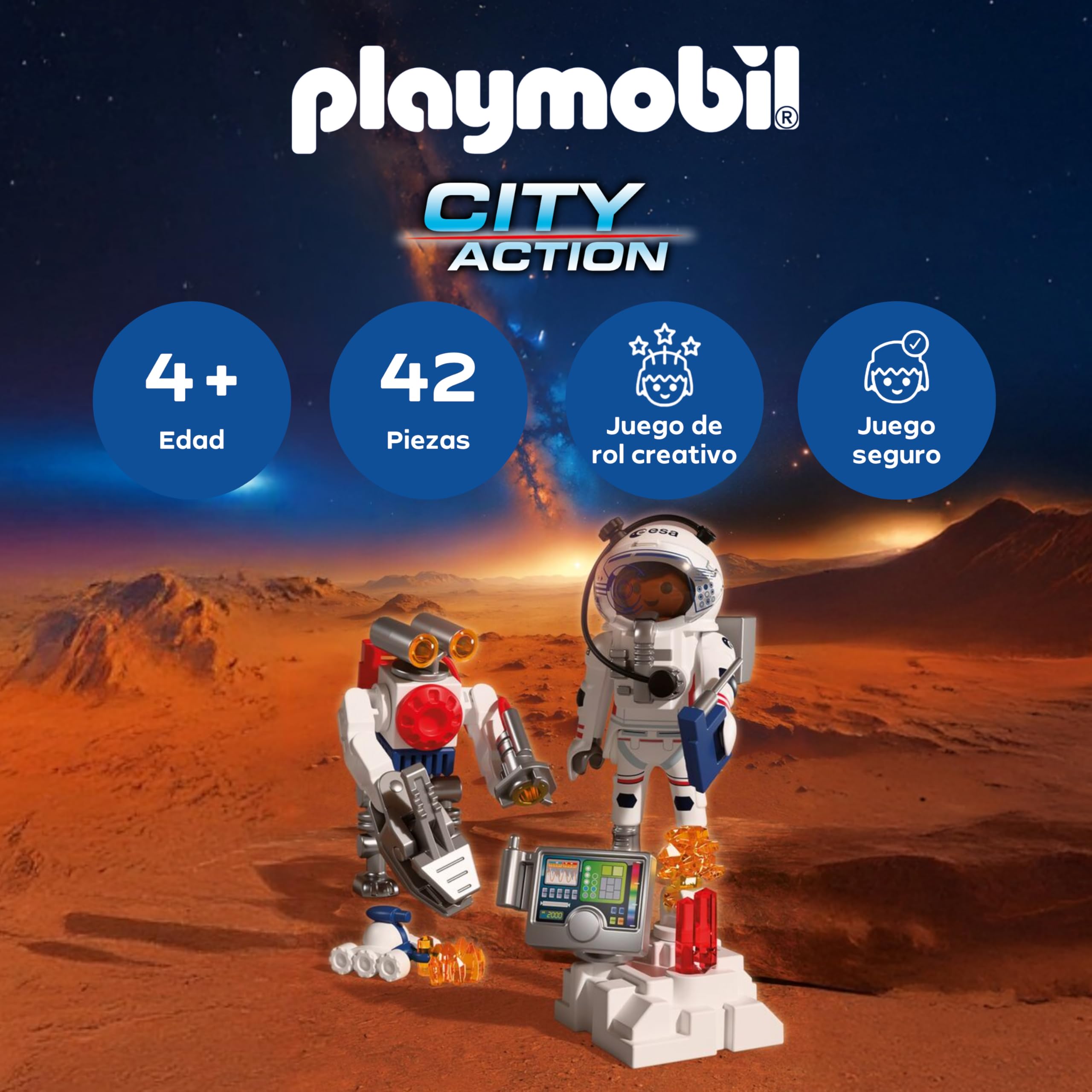 PLAYMOBIL Space Astronauta de la ESA con Robot | Con vehículo explorador marciano, estación de análisis y 3 muestras de rocas | Investigación espacial | Diversión para niños a partir de 4 años | 72014