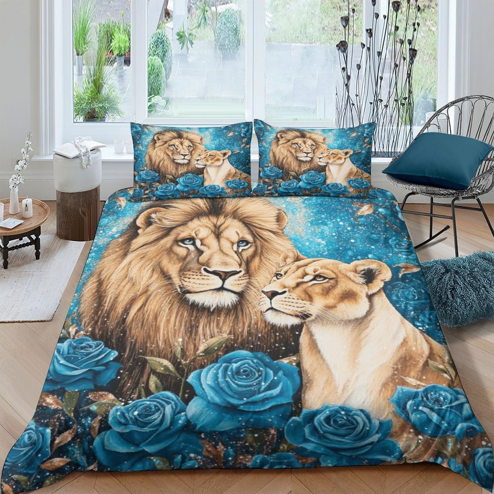 Ctjqhvkz Style-7 3D Printed Lion And Lioness Fitted Sheet Microfiber Anti-Slip Blue Rose Bed Cover Washable For Bedroom Guestroom Decor Single（135X200cm）