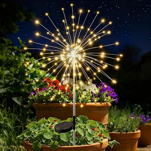 Miniatura 9 de btfarm Paquete de 2 120 luces LED solares de jardín al aire libre, 8 modos de luces de fuegos artificiales, luces de hadas impermeables parpadeantes