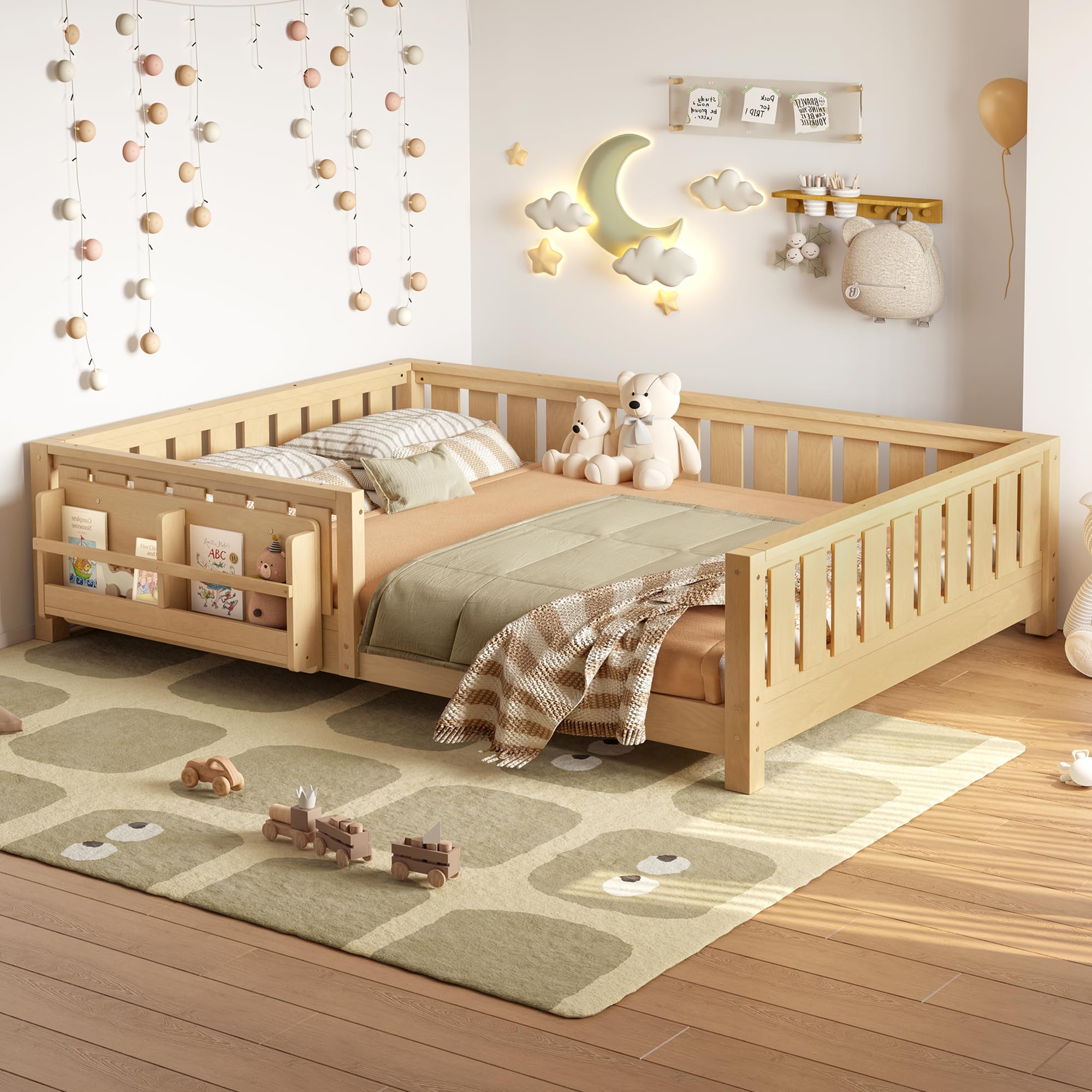Bellemave Queen Size Floor Bed with Slats and Safety Guardrail, Queen Size Montessori Floor Bed with Fence and Built-in Bookshelf, Easy Assemble