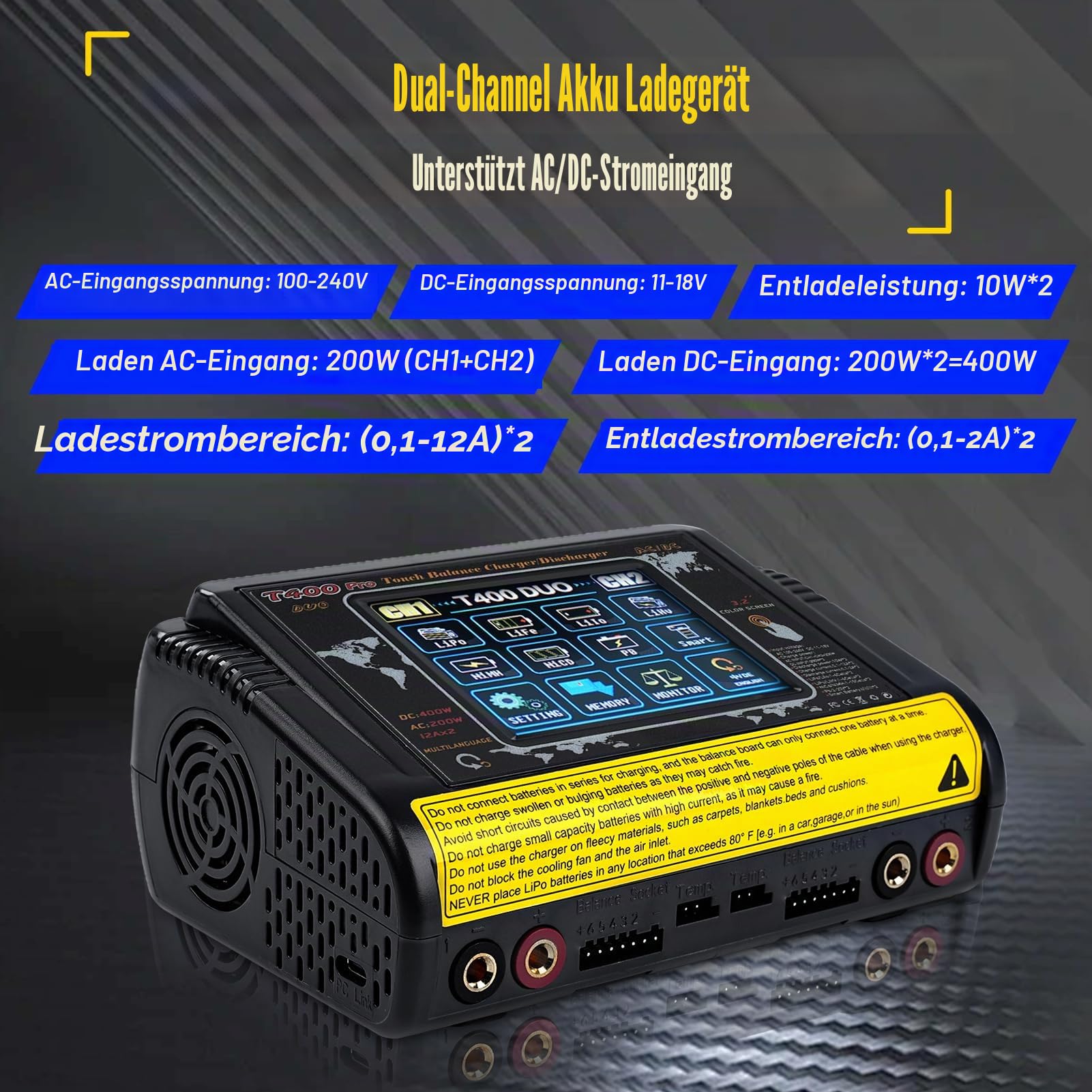 Lipo ladegerät mit Balancer RC ladegerät lipo Charger DC/AC dual Charging 11-18V 400W AC 100-240V 200W Auto Erkennung LiPo/Lilon/Life/NiMH/NiCd/PB/NiMH 3,2 Zoll LCD Touchscreen 12A (T400)