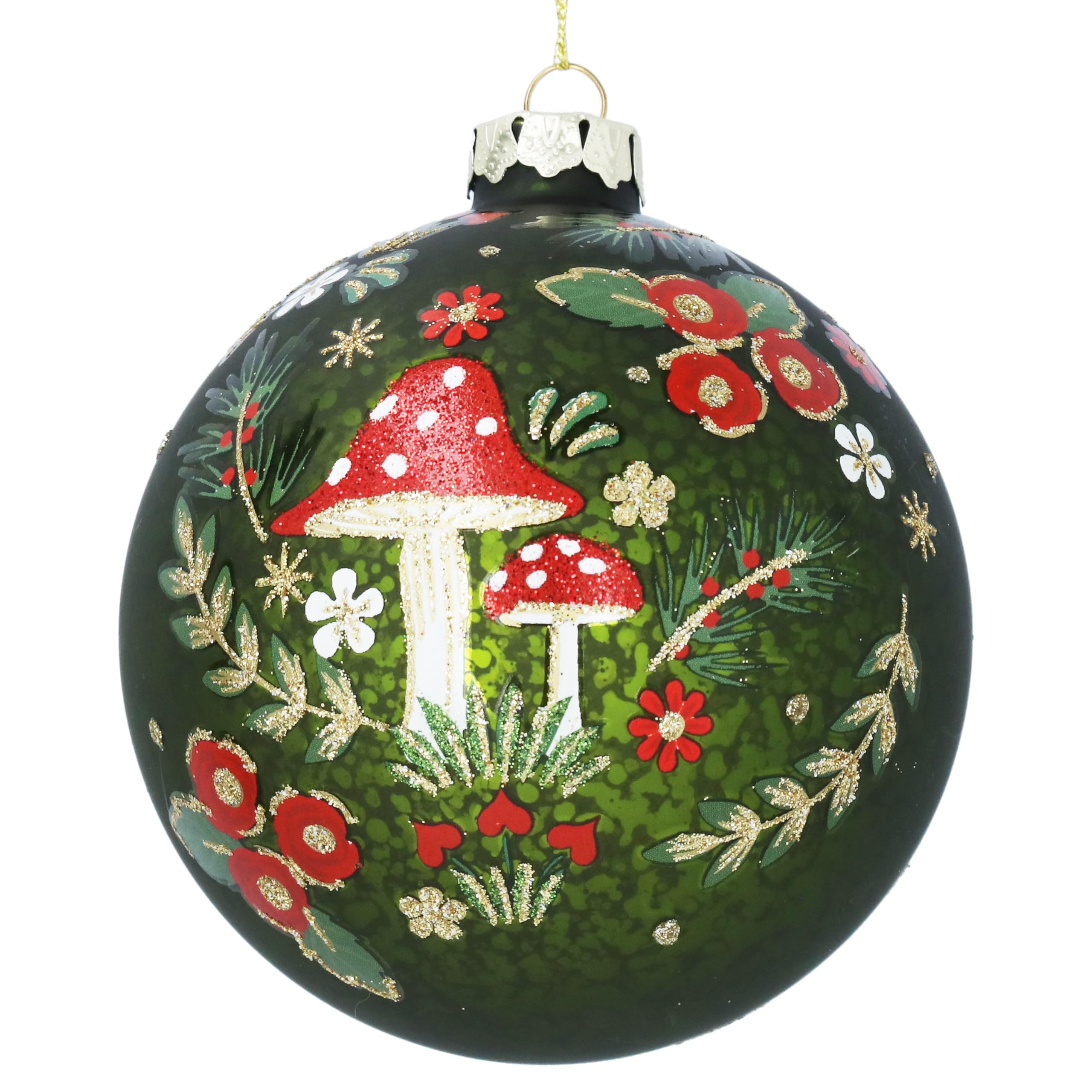 Gisela Graham Green Antique Apple With Glittered Mushrooms 10Cm Glass, Ball