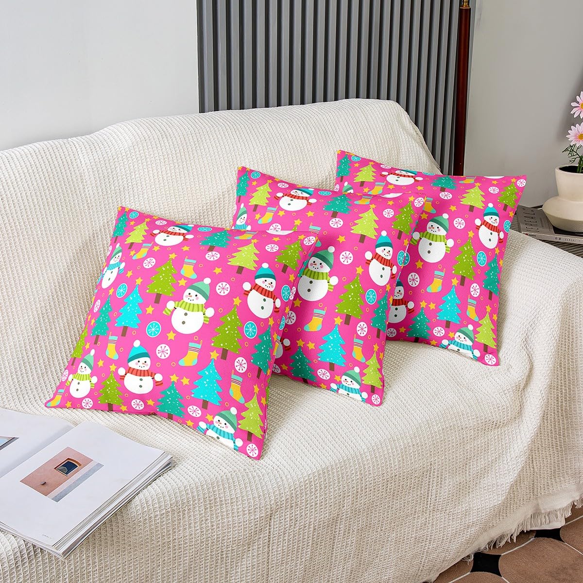 Homemissing Juego de 4 fundas de almohada navideñas de 50 x 50 cm, diseño de muñeco de nieve, para sofá, cama, silla, coche, copo de nieve, árbol, funda de cojín suave para invierno y exteriores