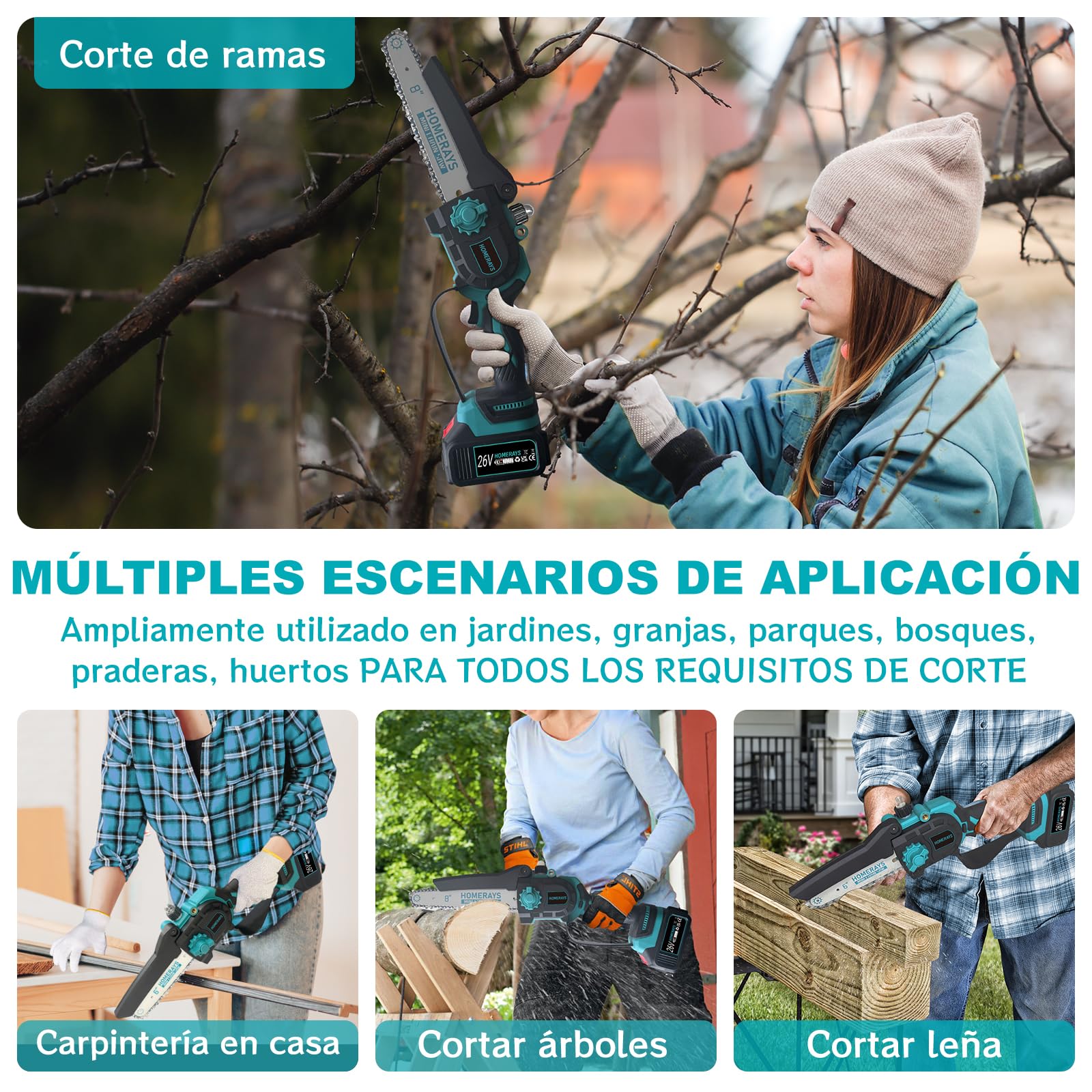 Mini Motosierra Bateria 8000mAh, Homerays 6 y 8" motosierra Inalámbrica con Engrasador Automáticopara y 2 * 4000mAh Baterías, Motosierra Inalámbrica Portátil para Podar Árboles de Jardinería