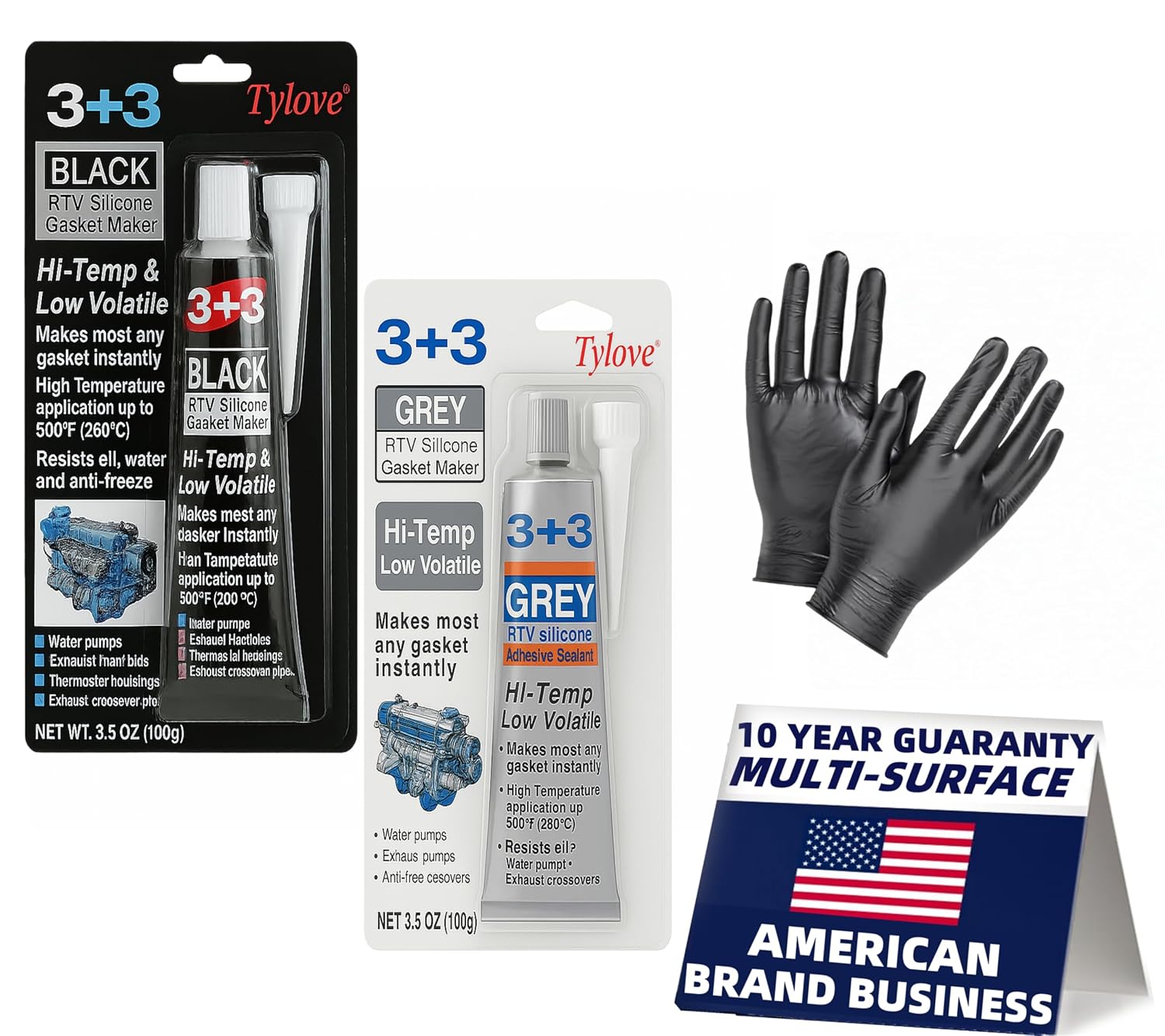 RTV Silicone Gasket Maker - High Temp 590°F Oil Resistant, Black - Professional Formula for Engine Oil Pan, Valve Cover, Transmission Housing - Non-Corrosive, Fast, No Drip Application (Black+Grey)