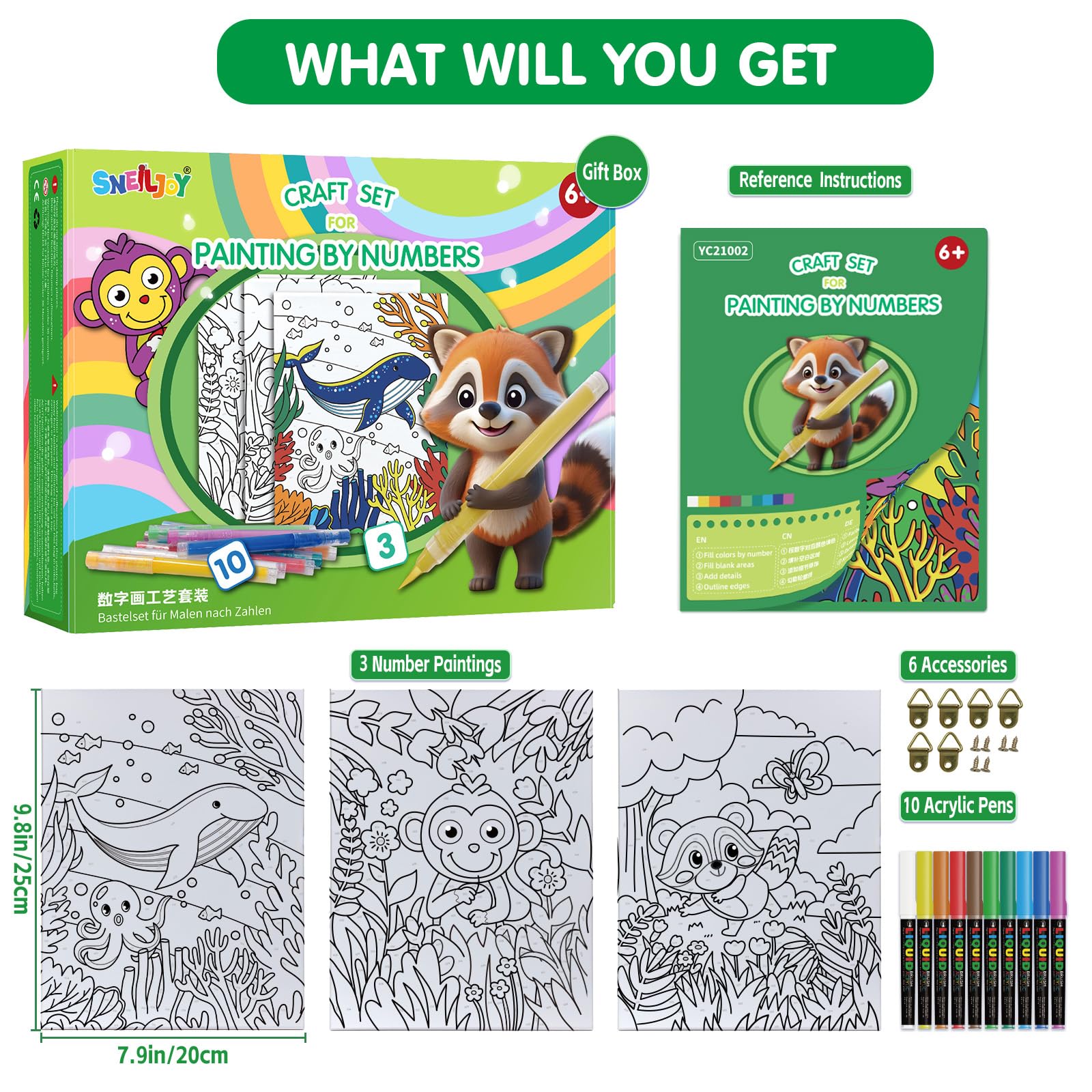 SNEILJOY 3 paquetes de pintura por números para niños, kit de pintura al óleo acrílica por números en lienzo, pintura de dibujo para decoración del hogar