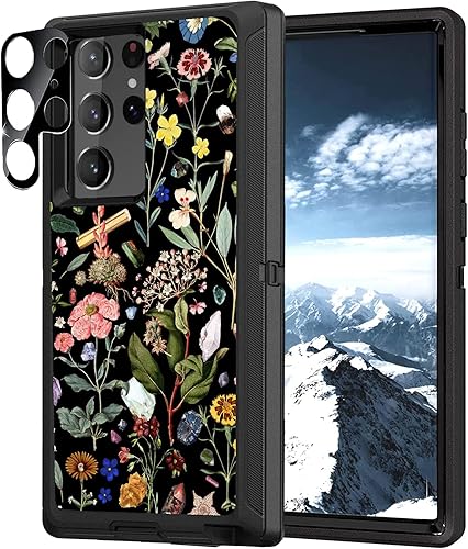 OTTARTAKS Samsung Galaxy S22 Ultra Case with Camera Len Protector, Cute Floral S22 Ultra Case for Girls Women, Shockproof Heavy Duty Protective Case