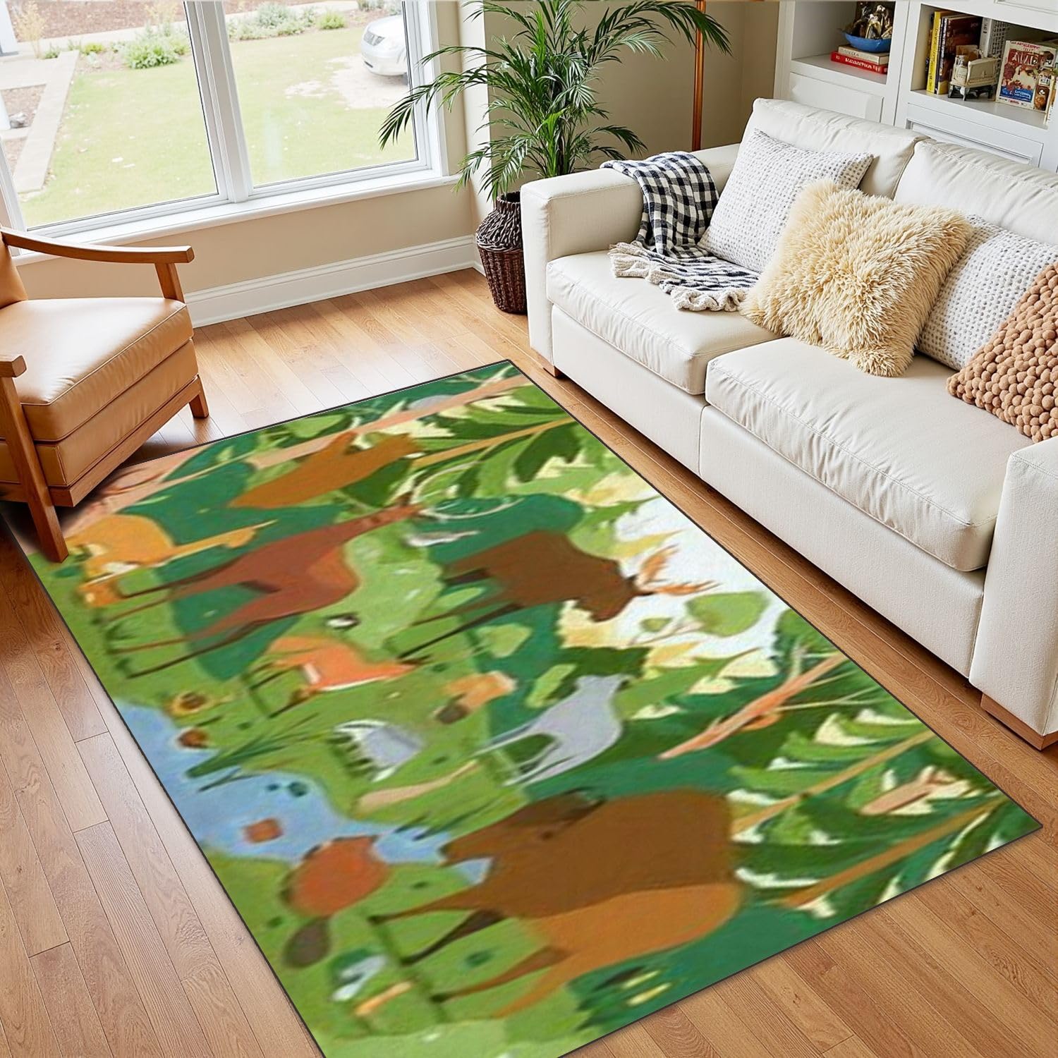 4x5 Boho Rug Rugs for Living Room Rugs for Entryway Forest Animals Wild Nature Environment Landscape Trees Nursery Room Decor Bedroom Rug Door Mat Woodland Rainbow Carpet