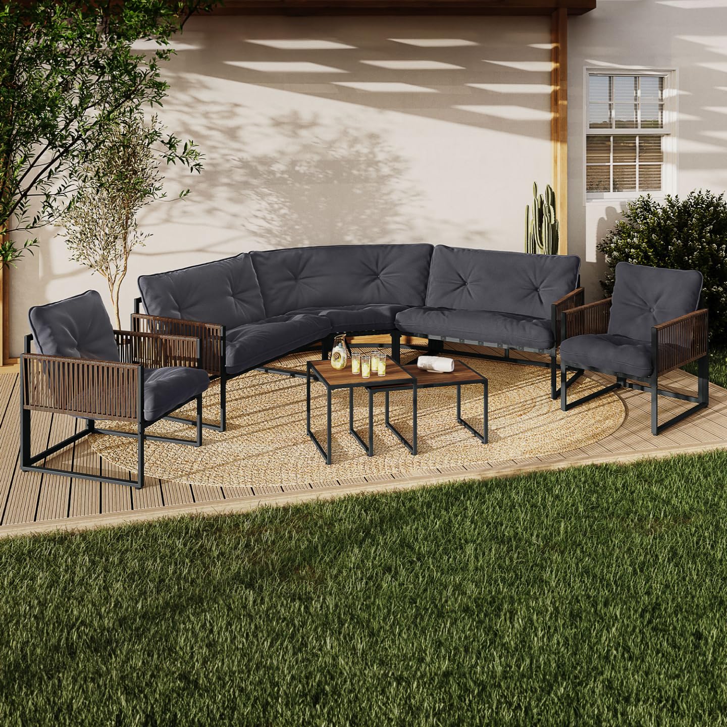 IDMarket – Salón de jardín bajo Rio 8 plazas, salón esquinero, estructura metálica y cordaje, efecto ratán con cojín gris