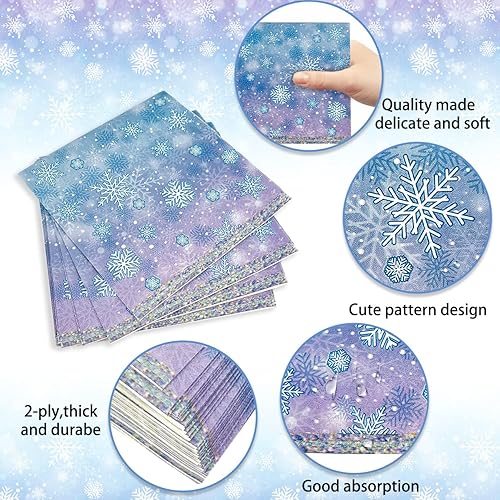 Miniatura 7 de Suministros para fiesta de cumpleaños de copo de nieve, 121 piezas de platos de papel de copo de nieve de Navidad y servilletas, vasos, mantel de