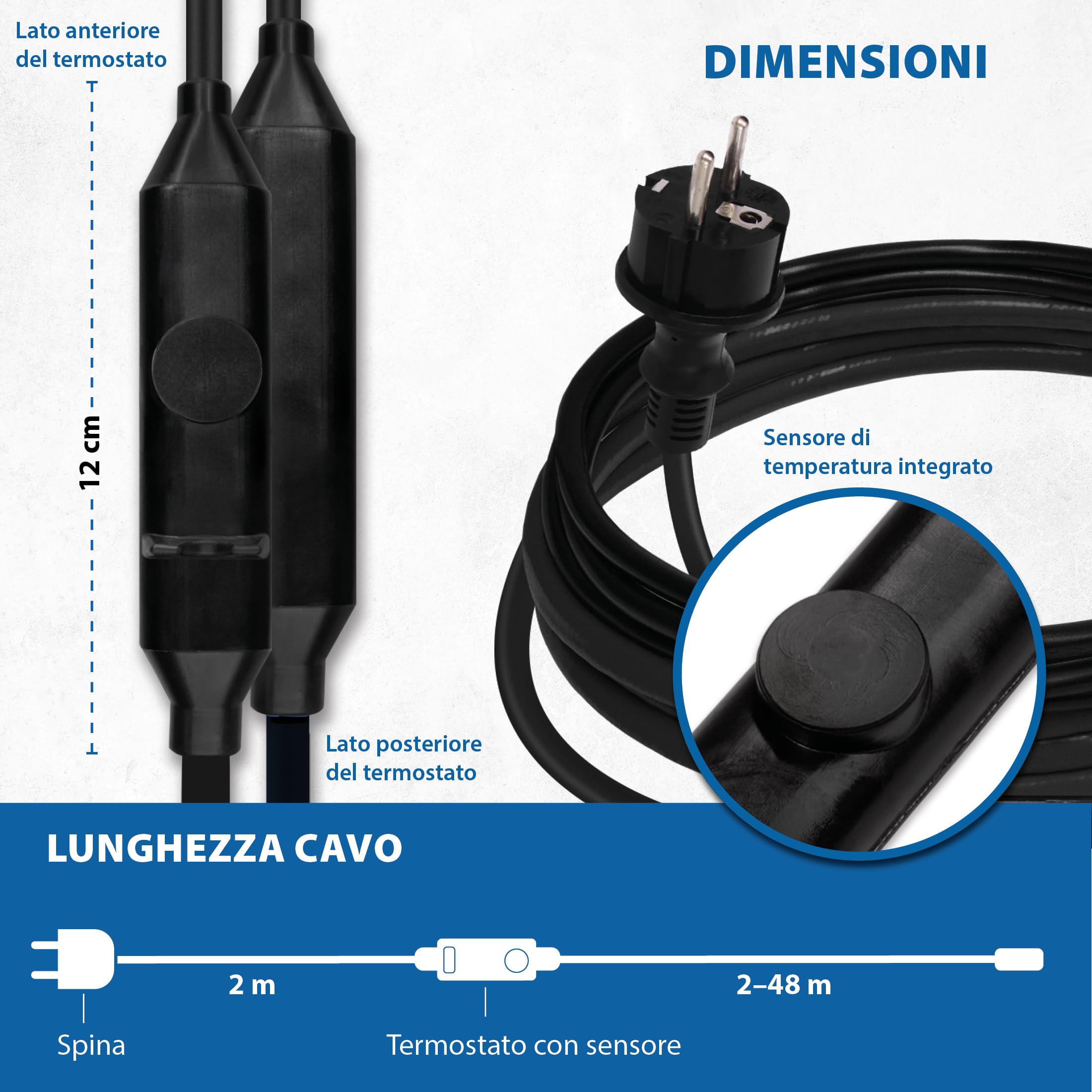 Cavo elettrico antigelo 15 W/m per tubi, condutture, serbatoi - Riscaldamento ausiliario Riscaldamento antigelo Cavo riscaldante - Lunghezza 12 m con termostato integrato +5 °C on / +15 °C off