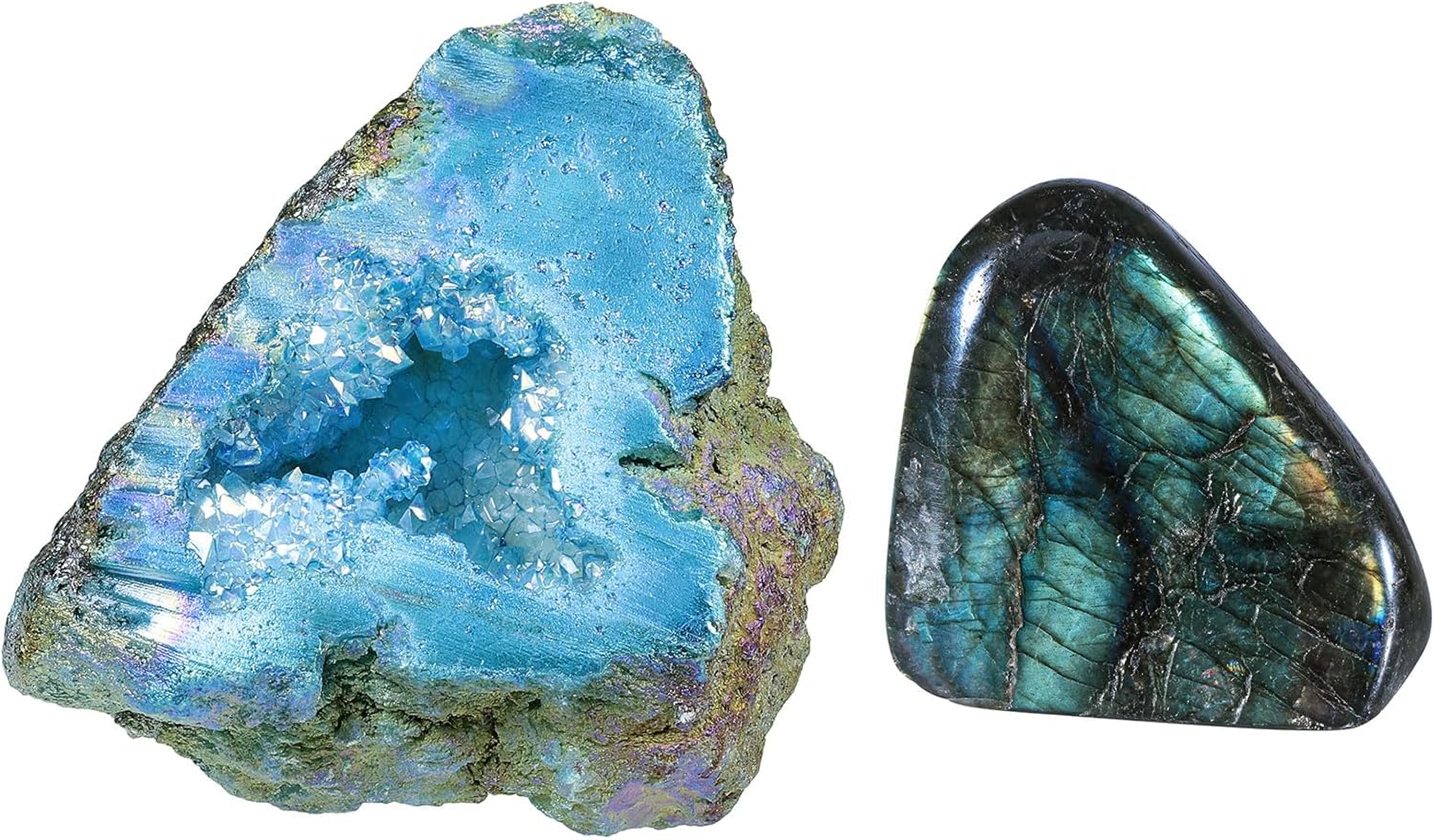 SUNYIK Pack of 2 Titanium Coated Geode Quartz Cluster Specimen & Irregular Natural Labradorite Stone Slab