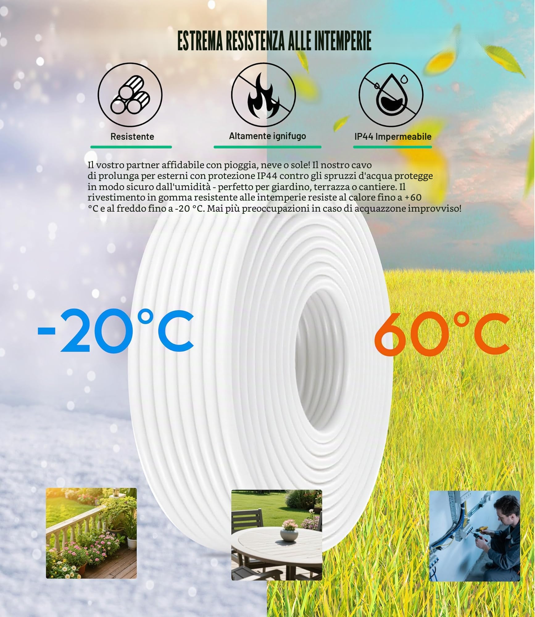 XINWANG Prolunga IP44 H05VV-F 10m, Bianca, 2 Prese Schuko | Cavo H05VV-F 3G1,5mm² con 2 prese Schuko protette per uso esterno temporaneo in giardino, terrazza e fai da te