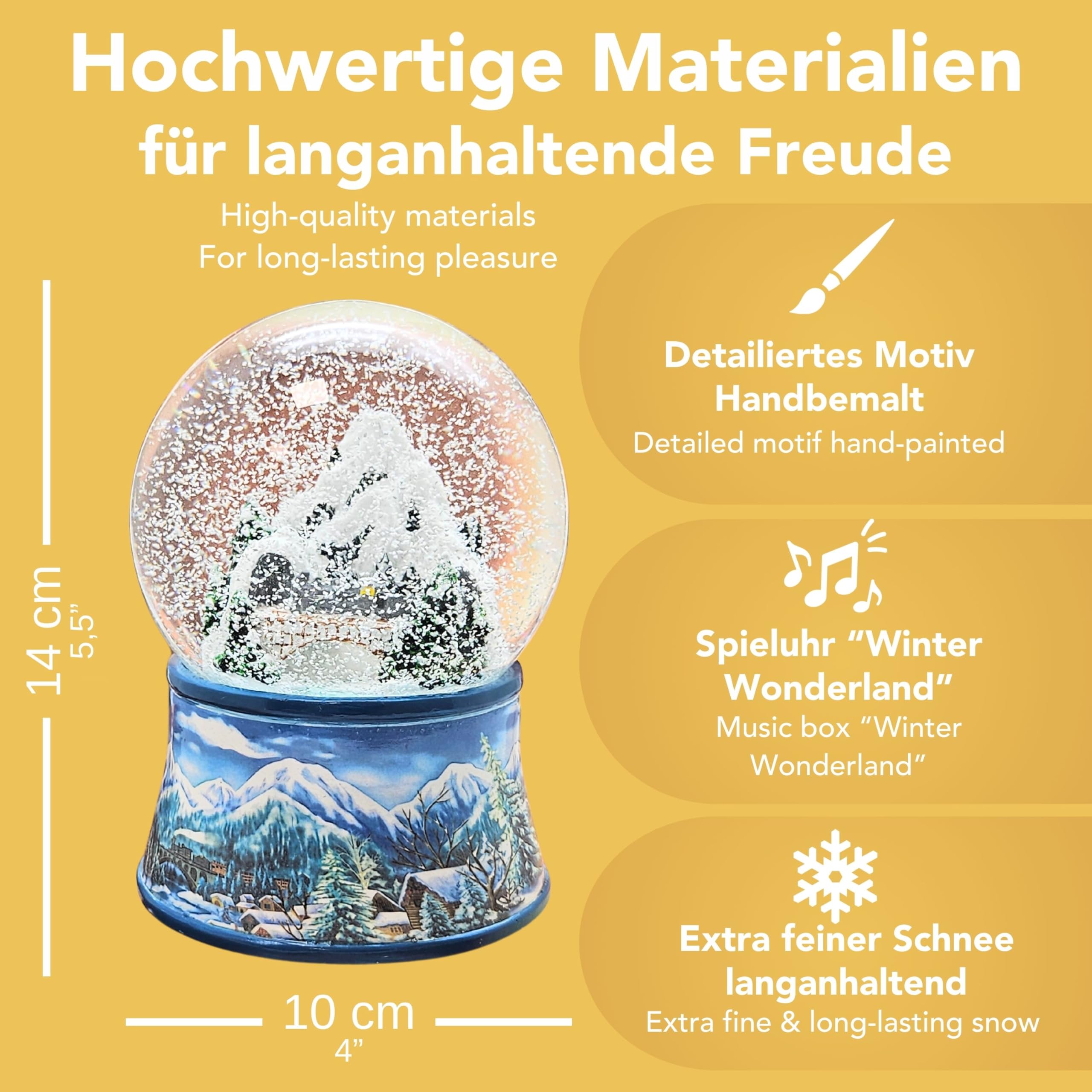 Weihnachts-Schneekugel mit Musik | Schneekugel Nostalgische Berglandschaft mit Brücke | Sockel Winterlandschaft hellblau | 100mm breit, 140mm hoch | mechanische Spieluhr | Winterdekoration | 20256