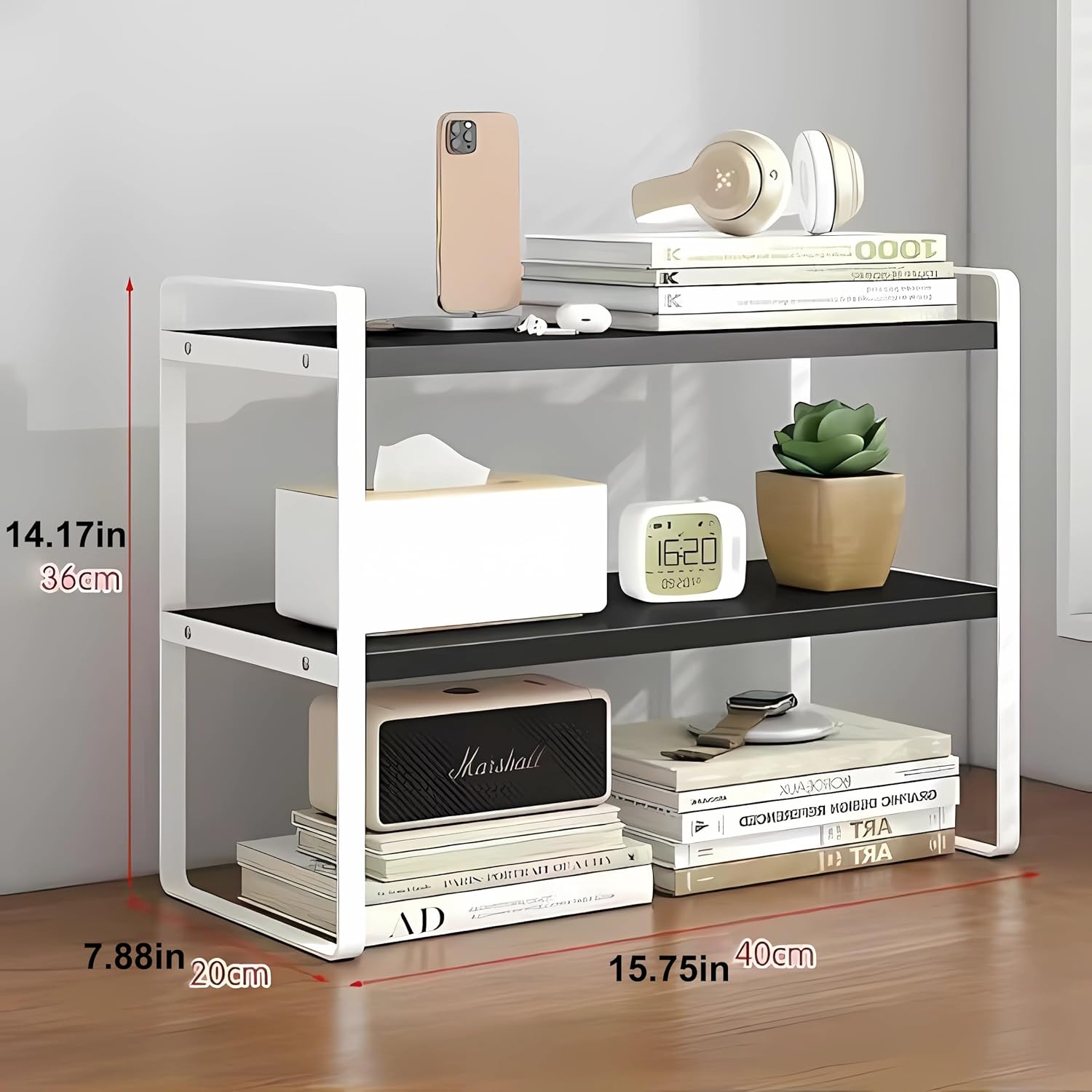 Hbluefat Desktop Organizer Shelf, 2-Tier Multipurpose Tabletop Storage Bookshelf, Small Wooden Countertop Storage Rack for Home Office Kitchen (Black+White)