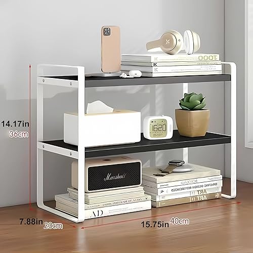 Miniatura 2 de Hbluefat Estante organizador de escritorio, 2 niveles, multiusos, de madera, estante de almacenamiento de escritorio de oficina, estantería de