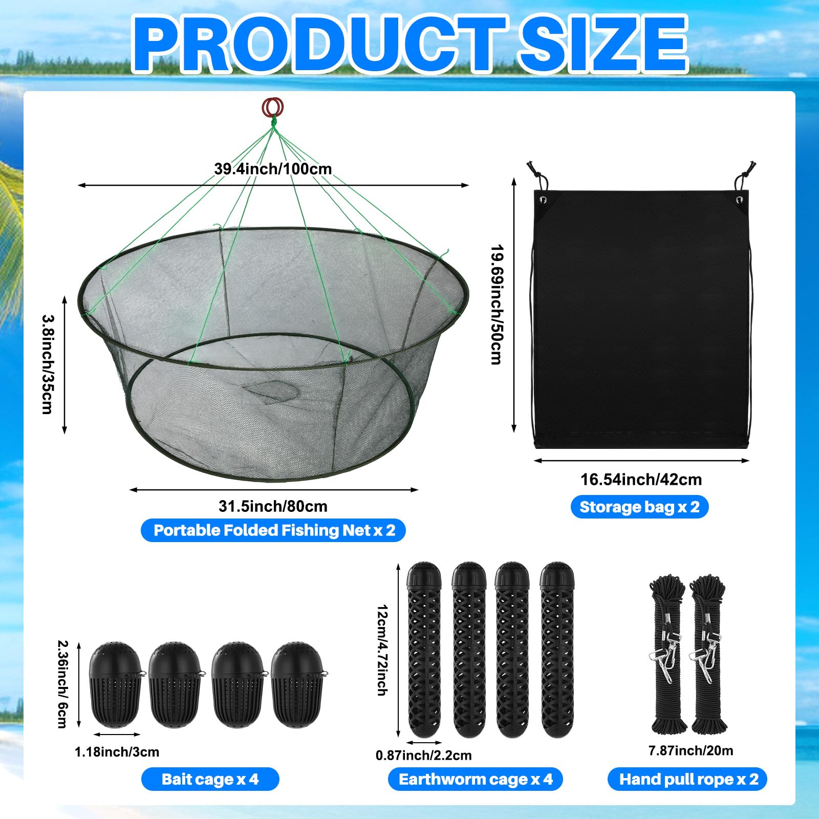 Lasnten 2 Set Portable Foldable Fishing Net Set, 2 Open Mouth Nets, 4 Bait Cages, Durable Crab Net Fish Nylon Net, Good for Freshwater & Saltwater Fishing, Includes Drawstring Bags and Safety Ropes