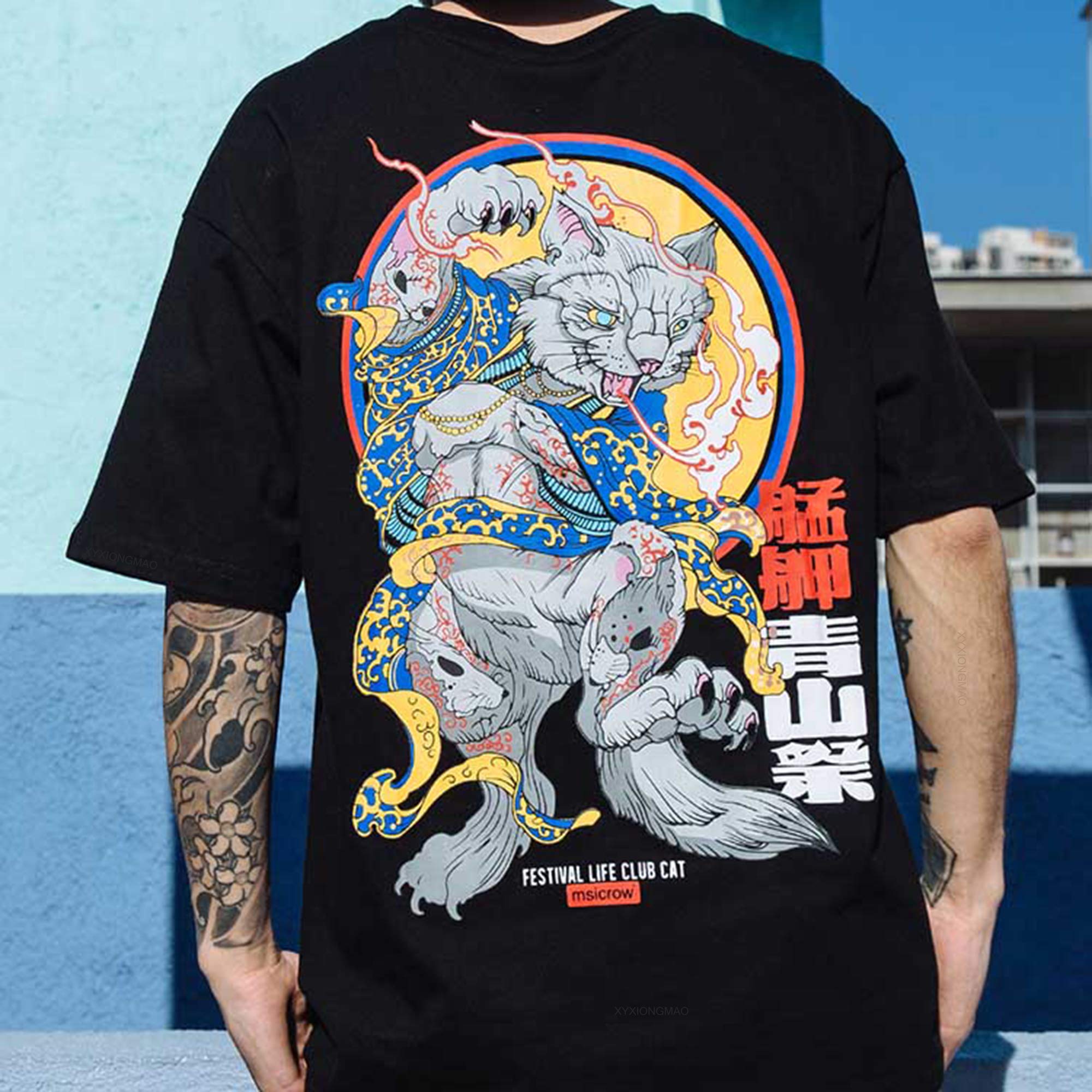 XYXIONGMAO T-shirt casual da uomo con stampa grafica gatto giapponese nero streetwear hip hop unisex t-shirt