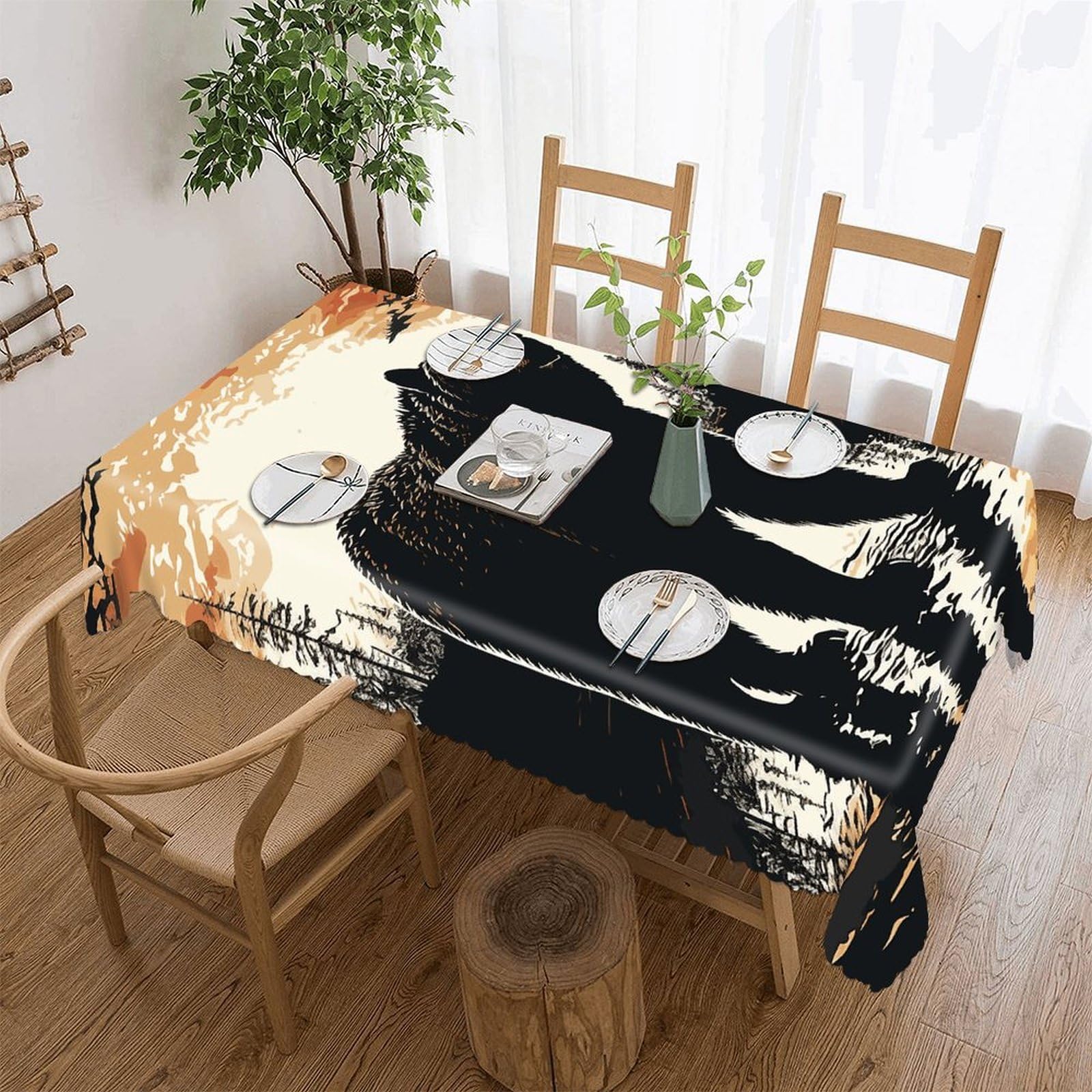 FekiLoot Bear Silhouette Tablecloths for Rectangle Tables Wipeable Spillproof Polyester Table Cloth Wrinkle Free Farmhouse Dining Tables Cover Elegant Vintage Decor Tablecover