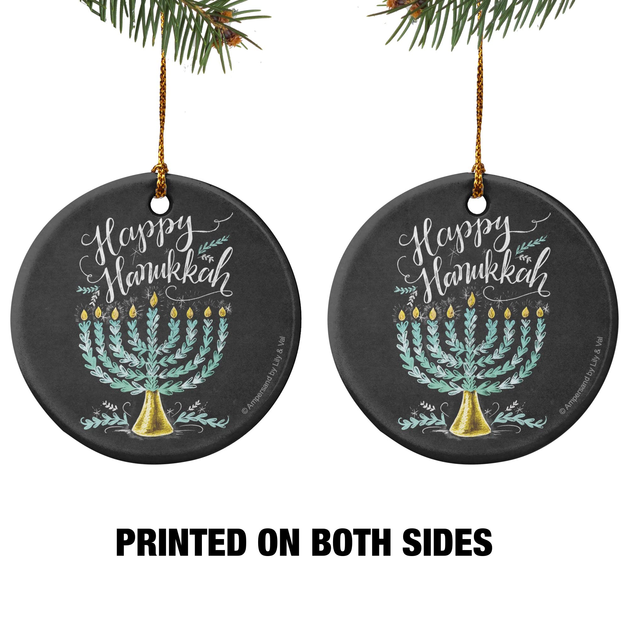 Happy Hanukkah Menorah Porcelain Holiday Christmas Tree Ornament - 2.8