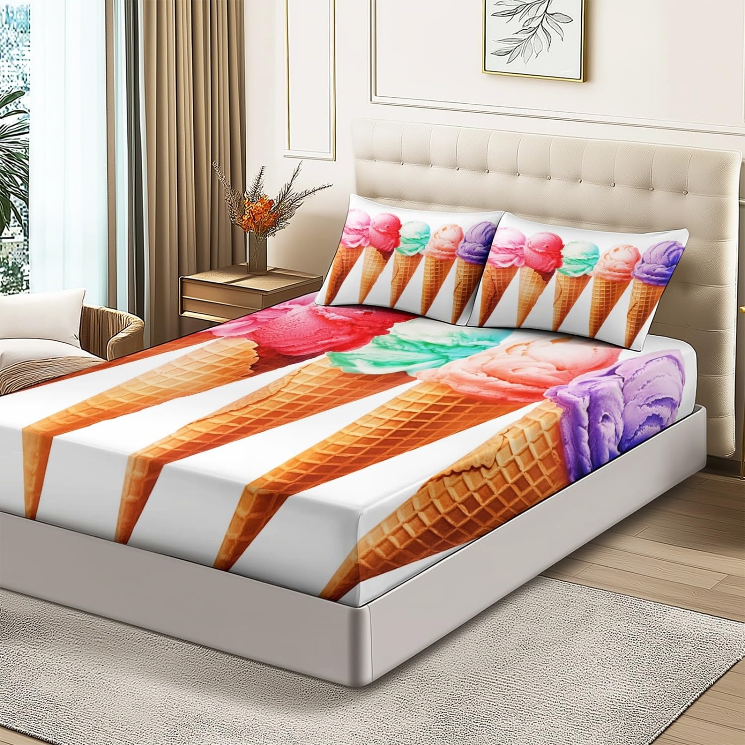 Drap Housse Set Simple Glace À L'Aquarelle Thème, Blanc Drap-Housse Respirant Résistant avec 2 Taies d'oreiller, 140 x 190 cm Drap de Lit Convient aux Matelas Jusqu'à 30 cm D'épaisseur