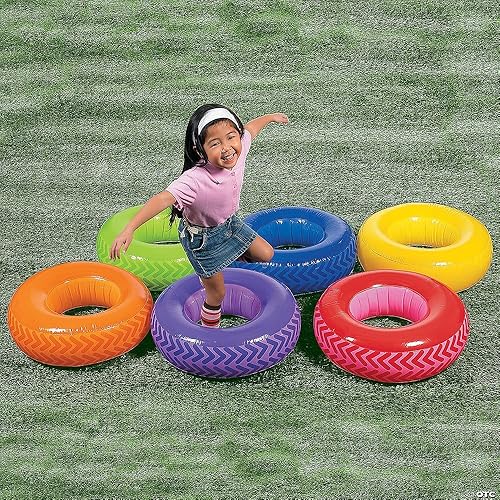 Vista 2 de Fun Express Juego inflable de neumáticos para carrera de obstáculos, ideal para PE y recreo, 6 piezas, azul, rojo, morado, verde, naranja, amarillo