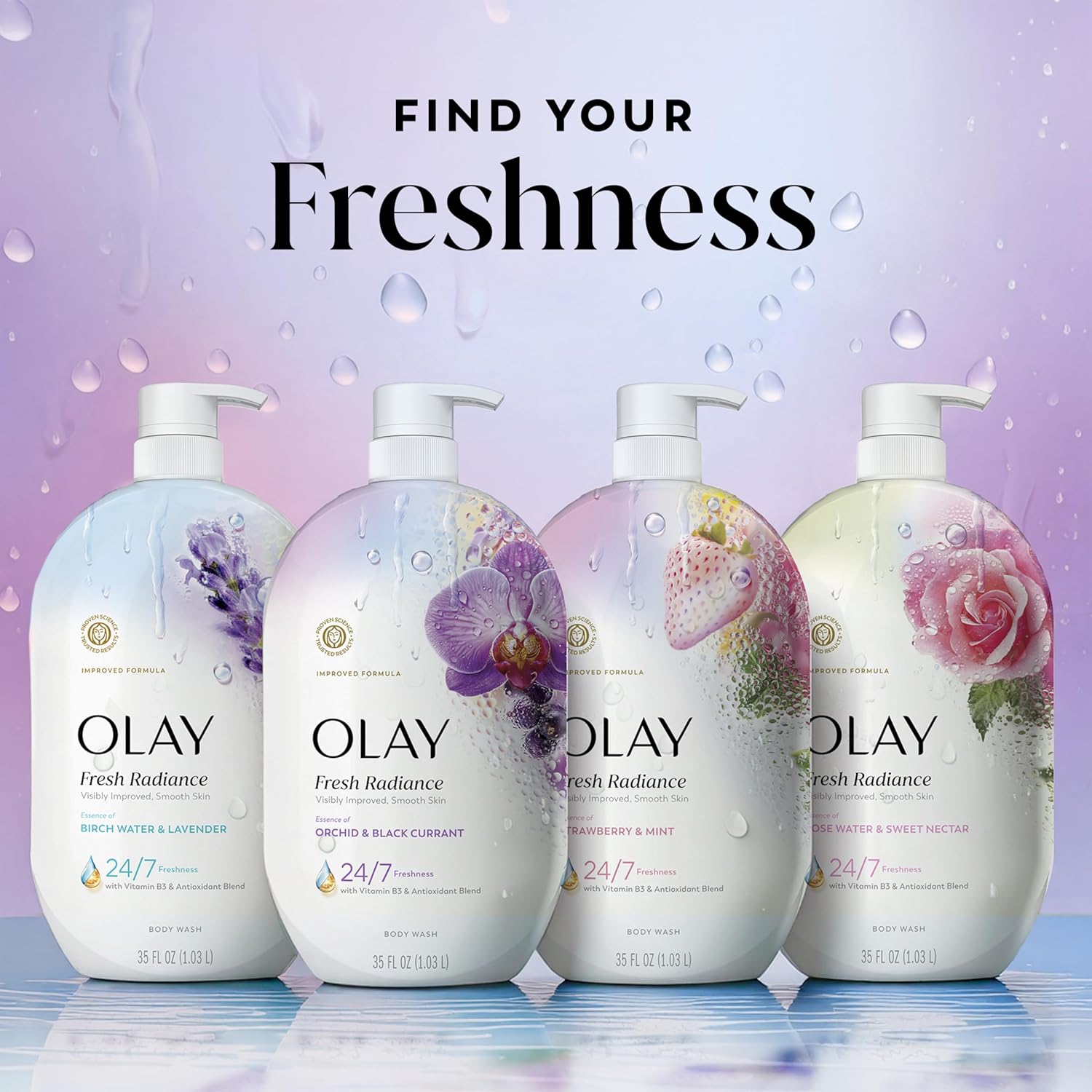 Olay Body Wash for Women, Fresh Radiance, 24/7 Skin-Loving Freshness, Visibly Radiant, Plant Based Cleansers, Vitamin B3 & Antioxidant Blend, For All Skin Types, Orchid & Black Currant Scent, 35 fl oz - Image 10