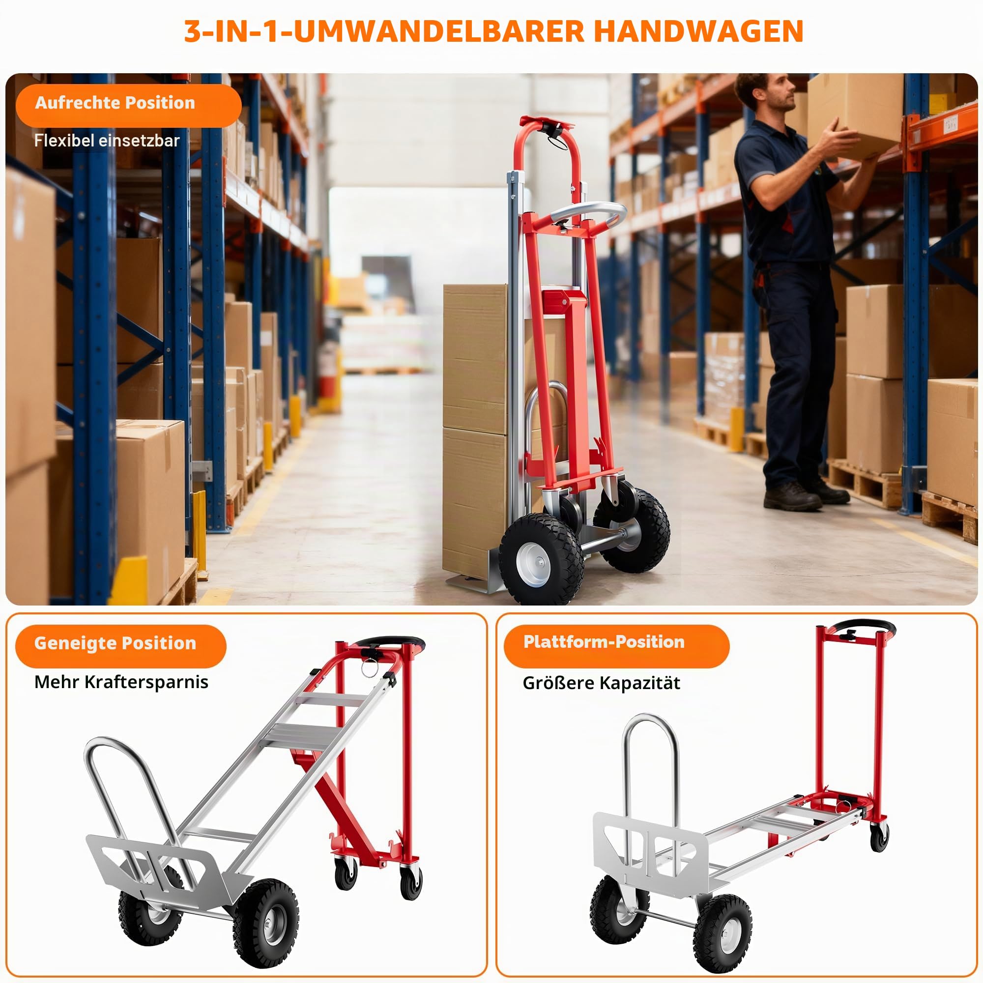 3-in-1 Sackkarre Klappbar Aluminium Mit Rädern & Elastischem Spanngurt, Tragkraft 350 kg, Transportkarre & Plattformwagen Faltbar Für Zuhause Lager Supermarkt Büro, Rot