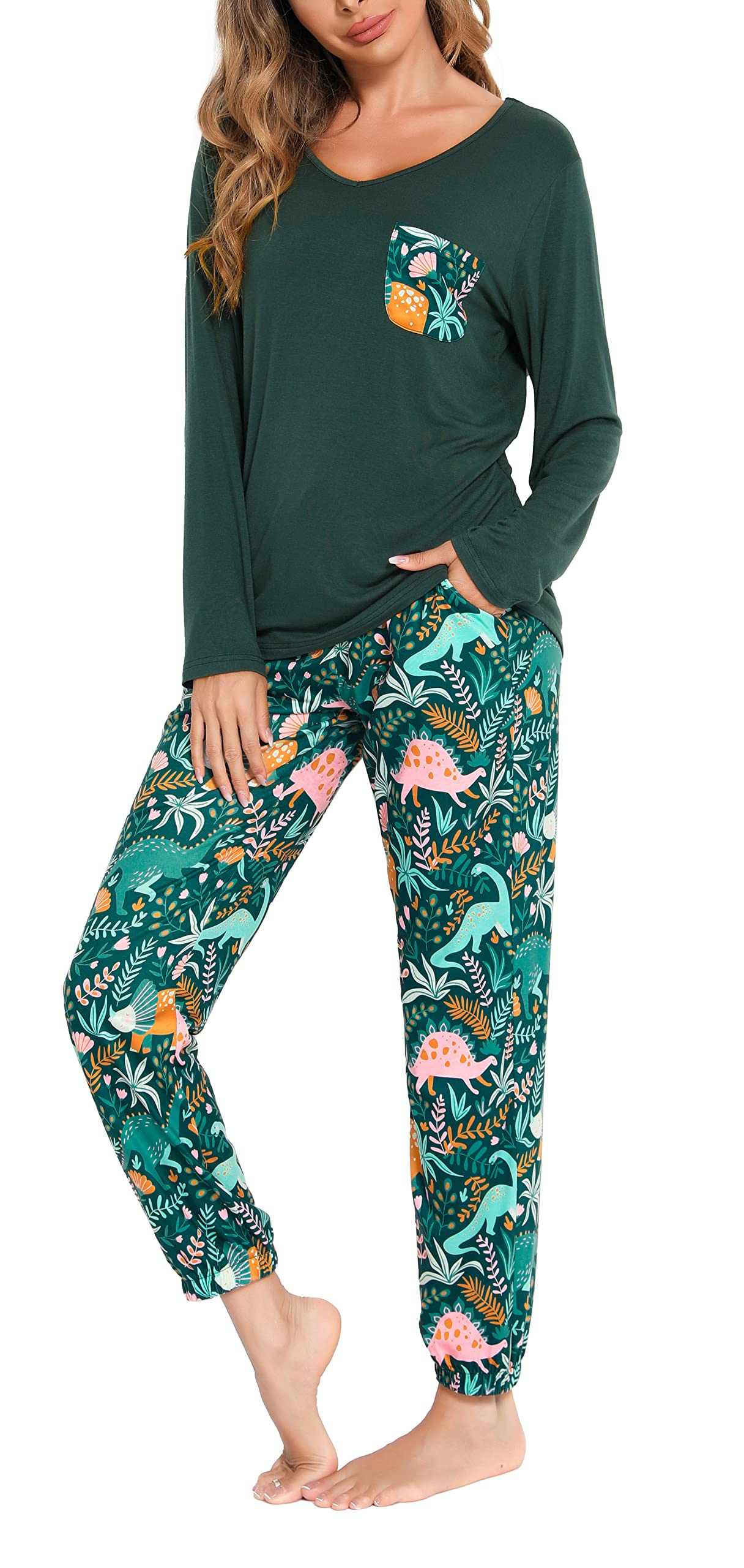 Lovasy Pigiama Donna Manica Lunga Pantaloni Lunghi Casual Scollo a V Top con Motivo a Pois Carino con Tasca Due Pezzi