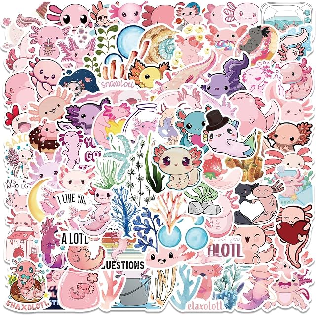 LYunMu Cute Axolotl Stickers Gift for Kids Girls Teens,Cute Cartoon Animal Party Decoration,Water Bottle,Laptop,Phone,Skateboard,Luggage,100 Pcs Sticker Pack