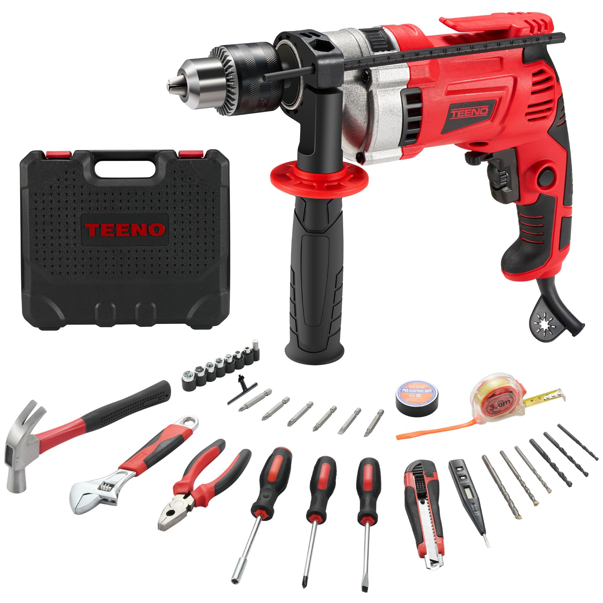 TEENO Perceuse Électrique à Percussion 910W, Perceuse à Percussion électrique 0-3000 RPM, Mandrin 13mm, Vitesse Variable, 37 Pièces Caisse à Outil Complete Tournevis et Pinces,Brique,Bois,Acier