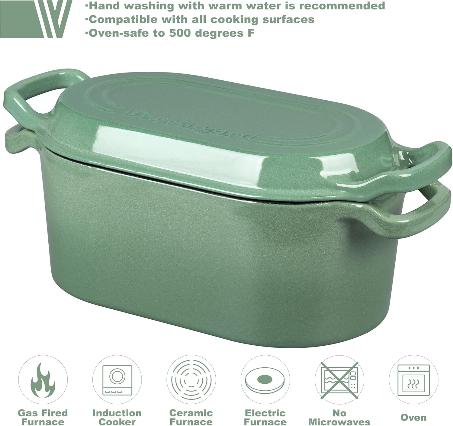 VORRINGARD Oval Dutch Oven Pot with Lid, Enamel Coating Cast Iron Bread Pans for Homemade Sourdough Bread Baking, Cooking, 4 Quart, Sage Green