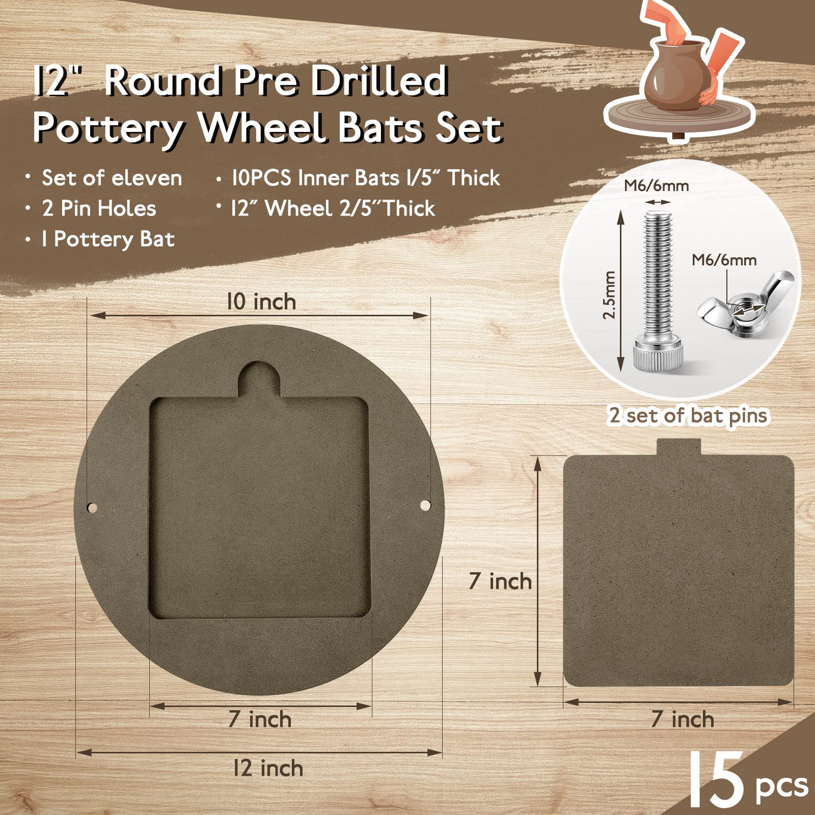 15 Pcs Bat for Pottery Wheel Adapter with Removable Inserts Pottery Bats for Throwing with 12'' Round Outer and 7'' Square Inner with Pins for Potters Clay(Dark Brown)