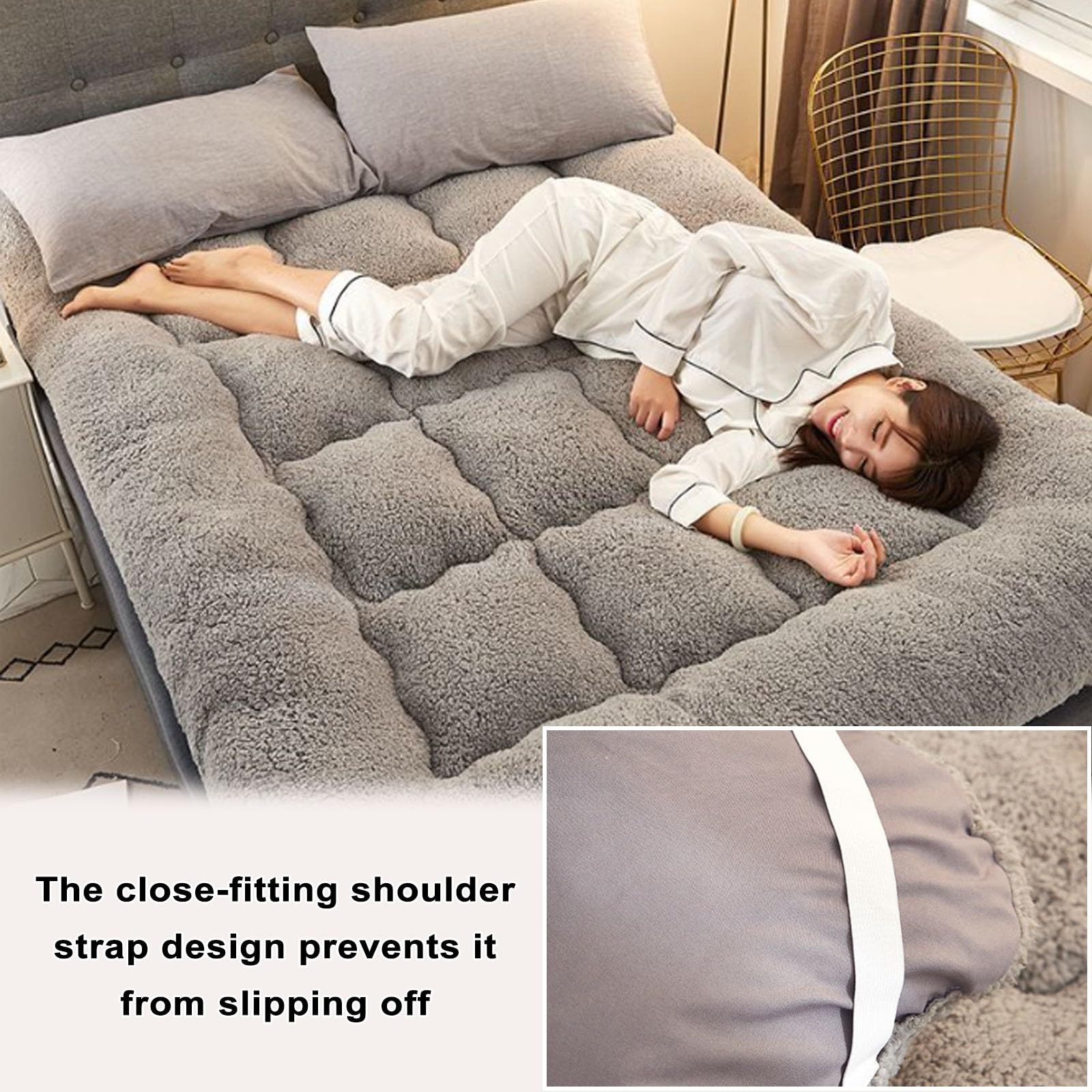Matelas Futon Japonais Pliable En Peluche épaisse, Matelas De Sol, Surmatelas Futon Simple Ou Double, Lit D'appoint Portable Et Doux Pour Camping-Cars, Chambres D'amis Et Dortoirs(Gray,90x200cm)