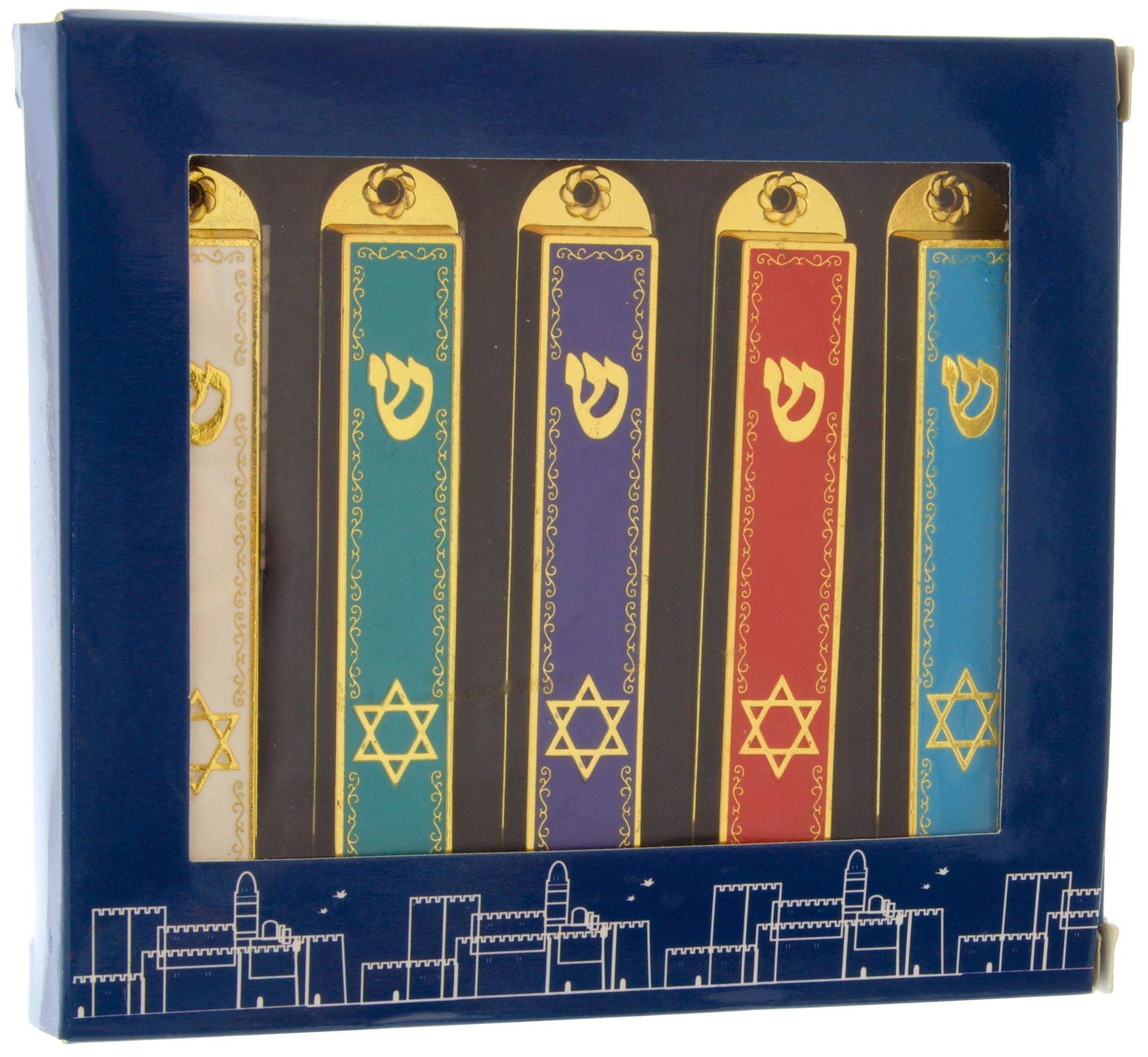 Meir Cohen Pack of 5 Assorted Colour Enameled Metal Mezuzah Cases, 8.8cm, Star of David