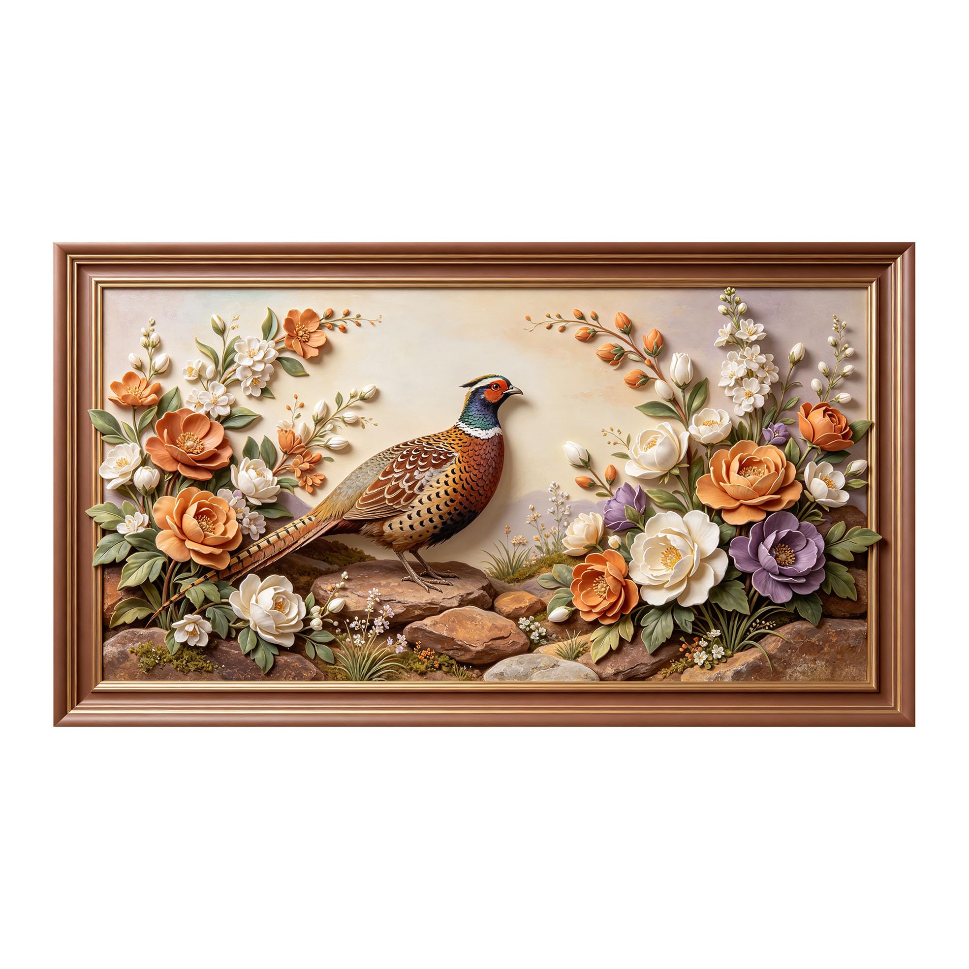 Yzpallescene 3D 3D Framed Wall Art 50cm×90cm Pheasant Floral Botanical Pastoral Oil Painting Large Size SelfAdhesive Removable Wall Decor Prints Artwork for Living Room Bedroom Office