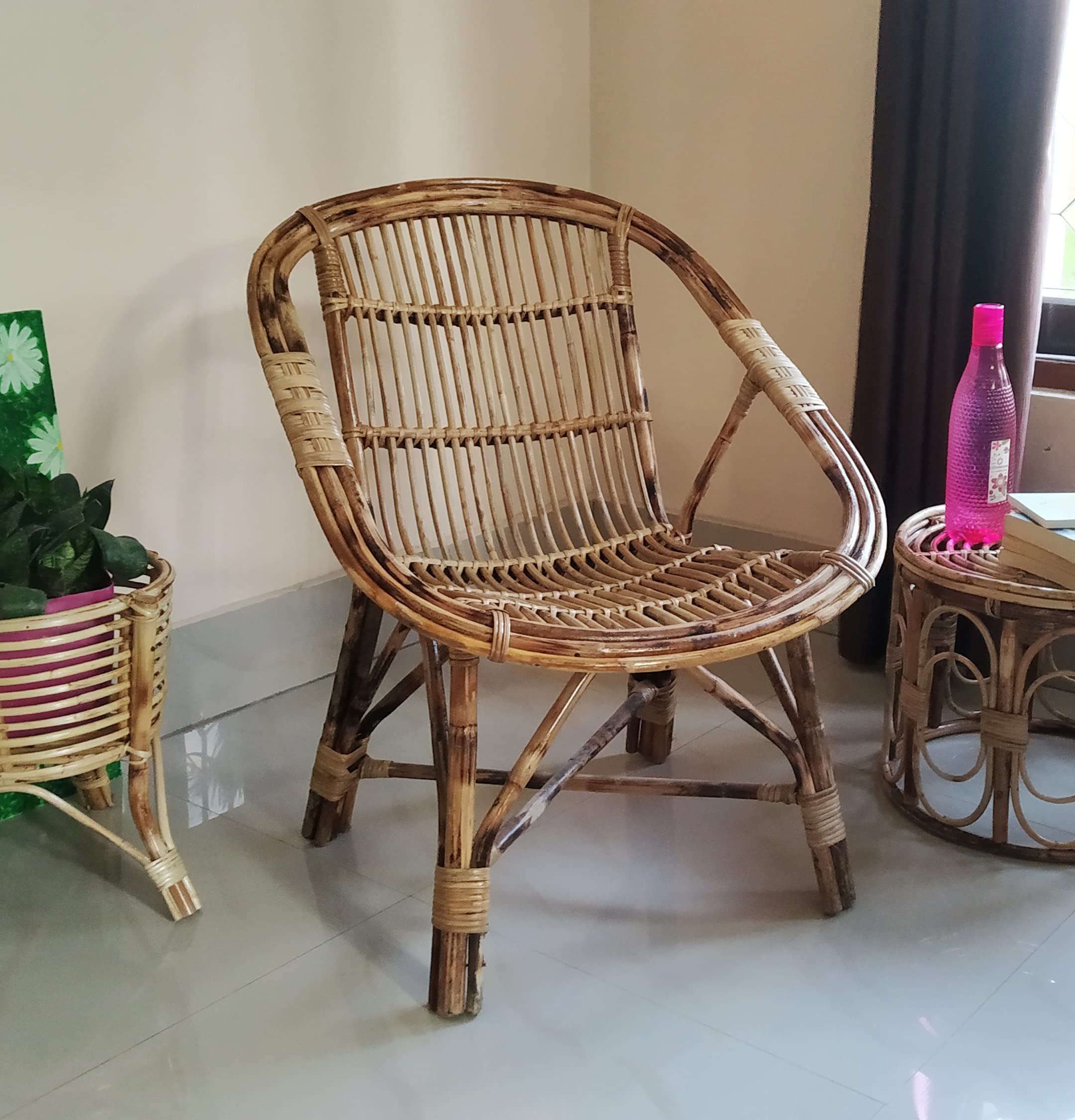 HM SERVICES Natural Cane Rattan Chair for Home Living Room Balcony Varnish Brown Color-image-2