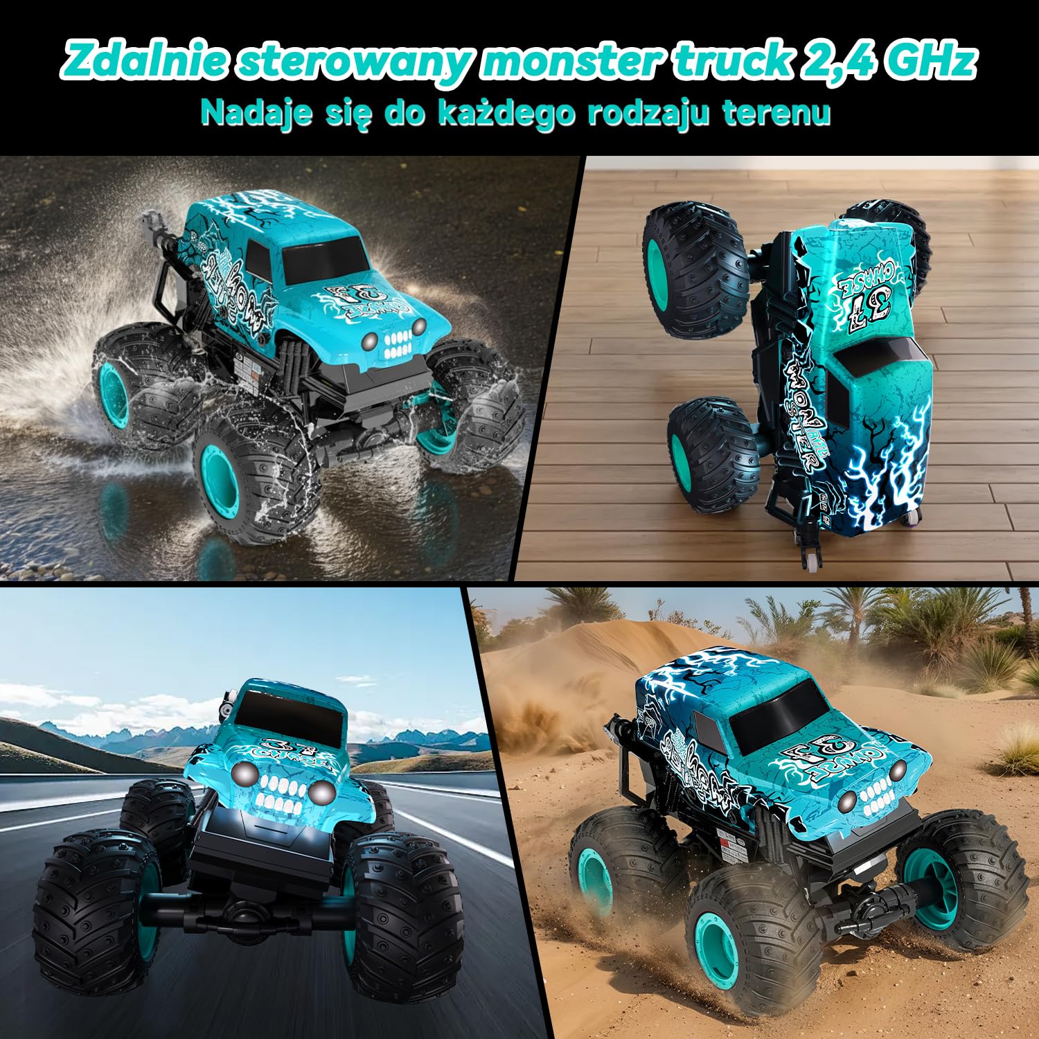 Halloween Monster Truck zdalnie sterowany, 1/20 Monster Truck z chodzeniem w pozycji pionowej i obrotem o 360°, 20 km/h, zdalnie sterowany samochód z oświetleniem LED i muzyką, zabawka na Halloween i