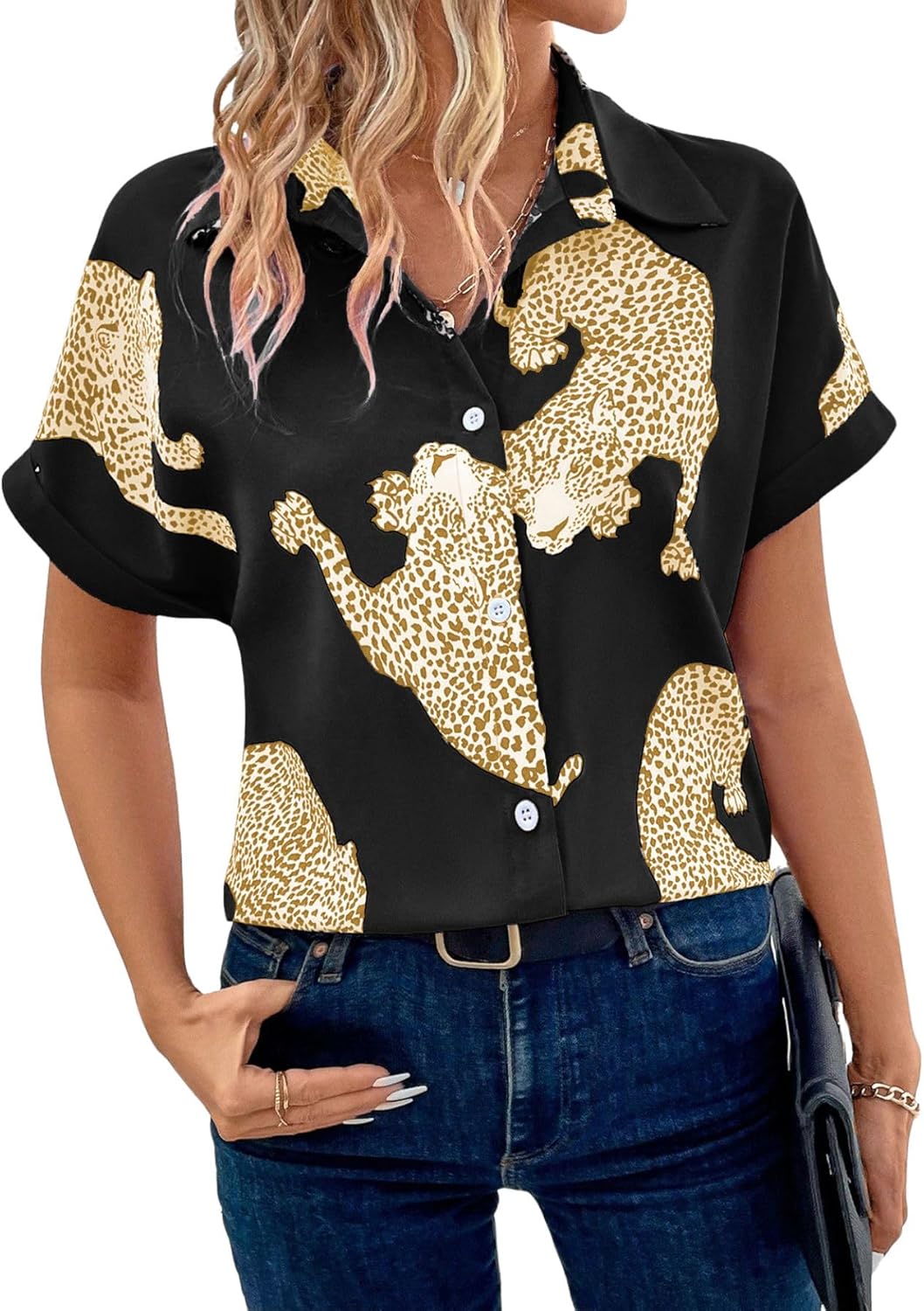WDIRARA Women's Leopard Print Button Down Blouse Short Sleeve Collared Casual Shirt Top