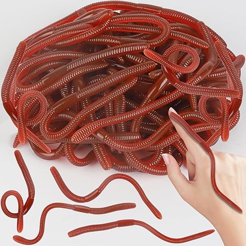 Junware 60 Pcs Fake Worms Soft Stretchy Rubber Earthworm Lifelike Trick Toy Plastic Worm Fishing Lures Baits for Halloween April Fool's Day Party Decoration, 7.1 Inch - Size-60Pcs