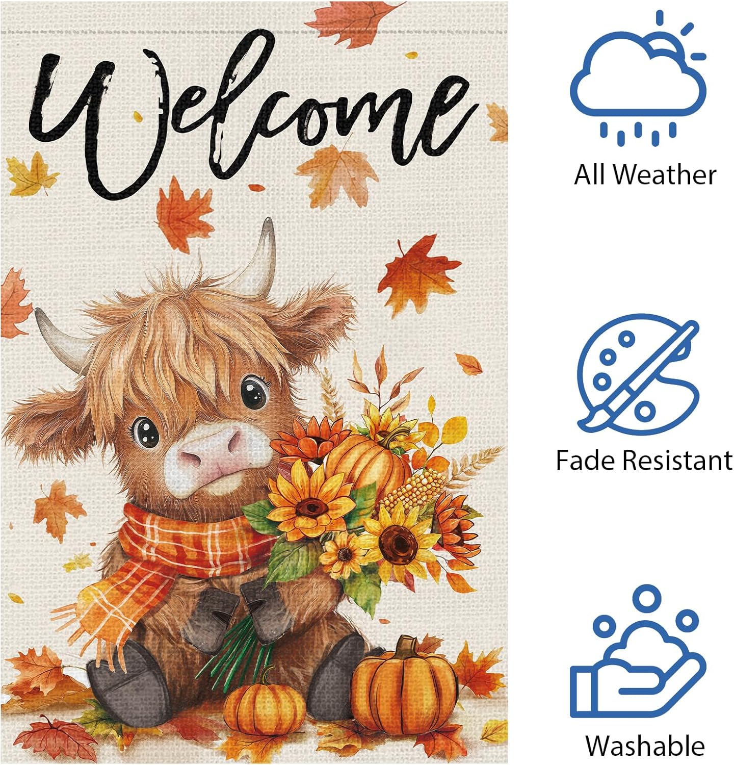 Heyfibro Welcome Fall Highland Cow Garden Flag 12x18 Double Sided Burlap, Autumn Pumpkin Sunflower Yard Flags for Thanksgiving Rustic Seasonal Outside Outdoor Decoration (ONLY FLAG) - Image 5