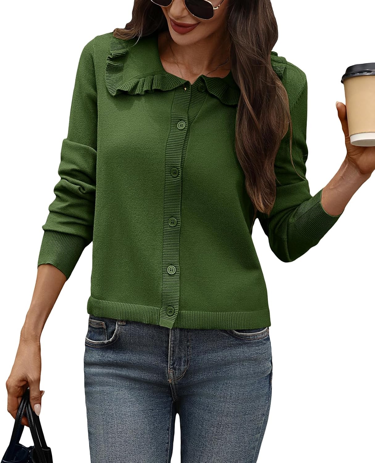 Women's Cropped Cardigan Ruffle Collar Button Down Sweater Long Sleeve Bolero Shrug Sweaters for Dress