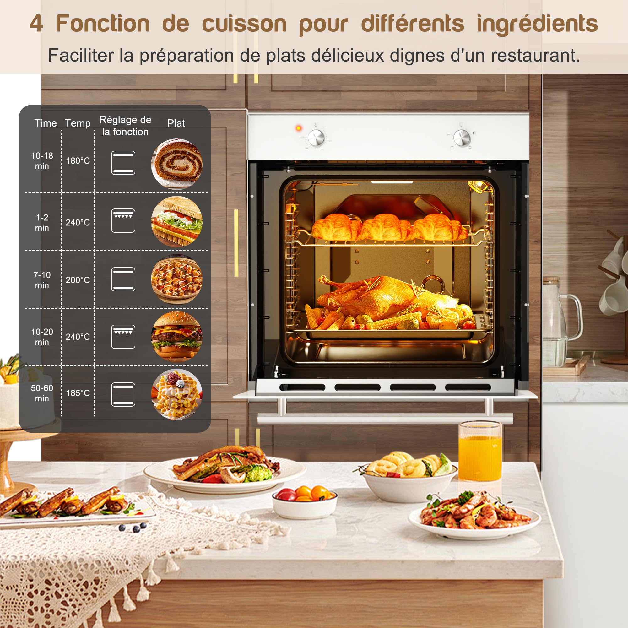 Four encastrable 60 cm Disaenvir, four encastrable blanc 4 fonctions, four avec fonction vapeur 65 L, fonction pizza 2,2 kW, grill, cuisson à chaleur tournante 3D sur 6 niveaux