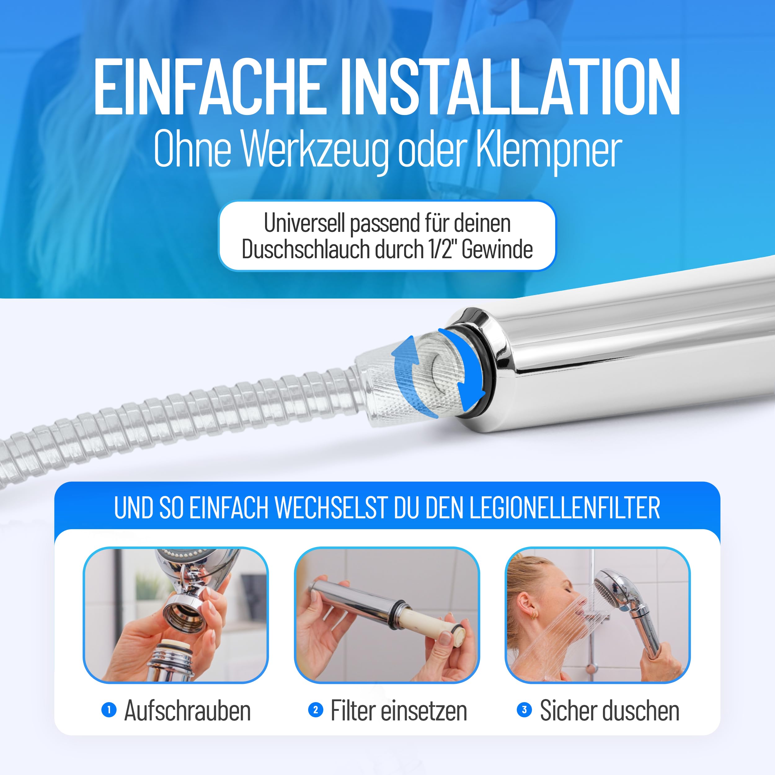 Legionellenfilter Duschkopf Safety Chrom | Medizintechnik | Zertifiziert | Sofortschutz | Diskret | Hochwertig