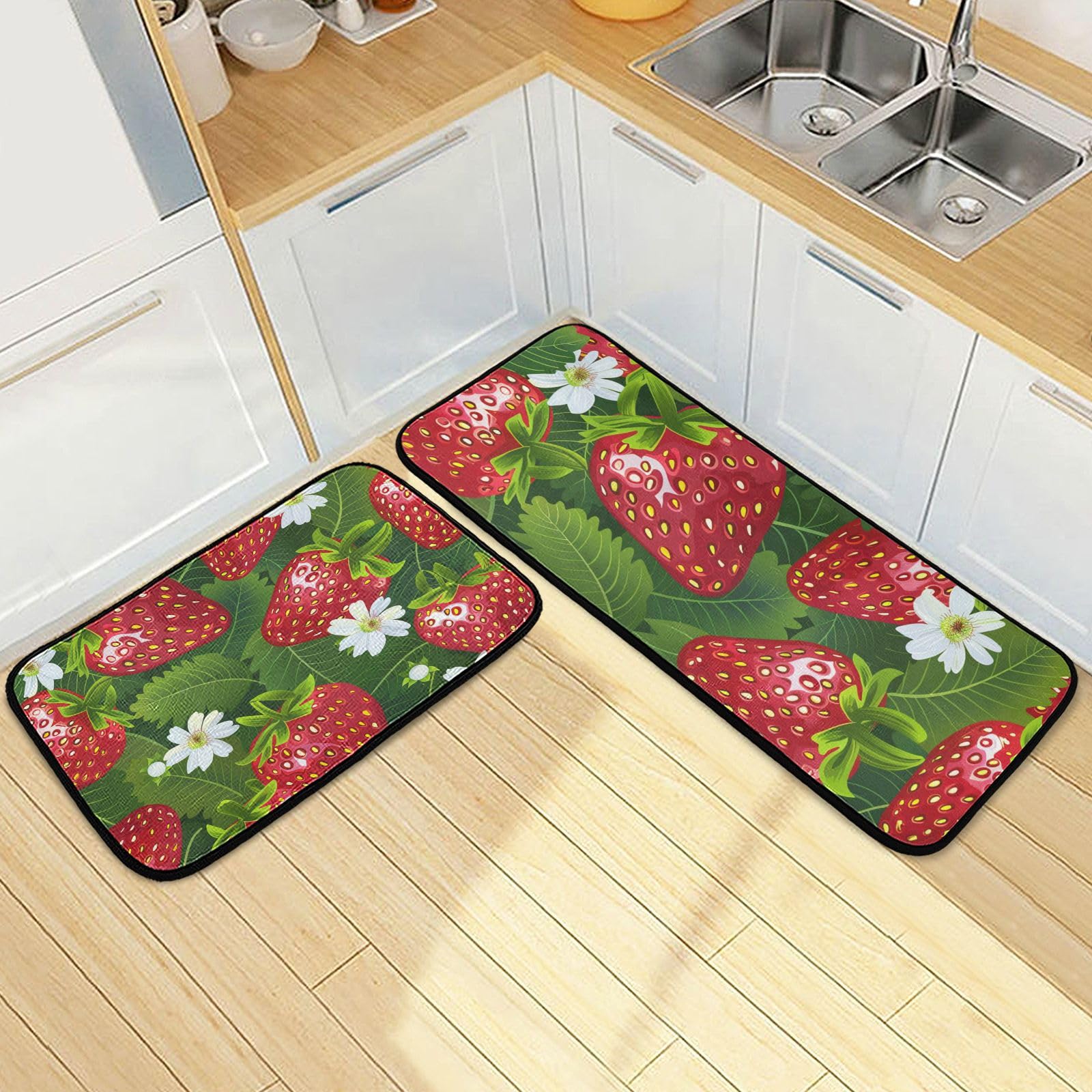Qumton Strawberry Daisy Flower (4) Kitchen Rugs Set of 2, Cushioned Anti Fatigue Kitchen Mats Non Slip Washable, 19.7