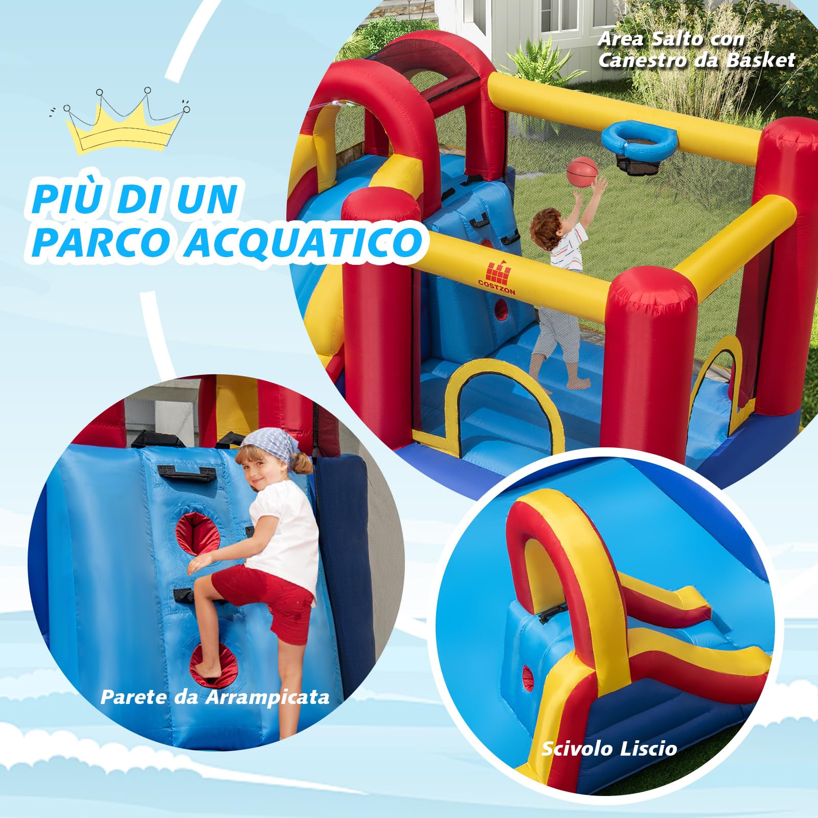 COSTWAY Castello Gonfiabile per Bambini, Parco Acquatico Gigante con Doppi Scivoli d'Acqua, 2 Piscine, Area Salto, Canestro e Parete da Arrampicata, 450 x 392 x 216 cm