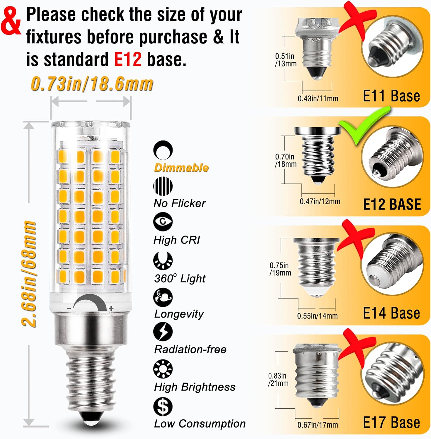 ALIDE E12 60 Watt C7 Dimmable Led Candelabra Bulbs Replacement, Warm White 2700k T6 110V 120V Small Base E12 LED Bulbs 6W for Ceiling Fan Salt Lamp Chandelier Lighting,600lm,8Pack