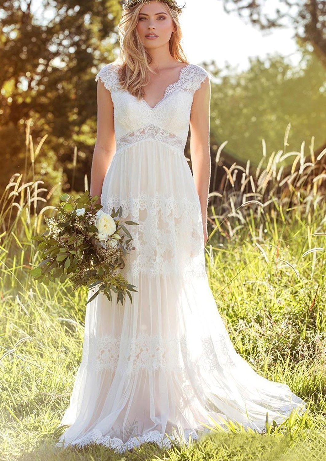 Vestido de Novia de Estilo Bohemio con Cuello V Hueco Y Vestido de Encaje Largo, WYFDMNN, Blanco, 38